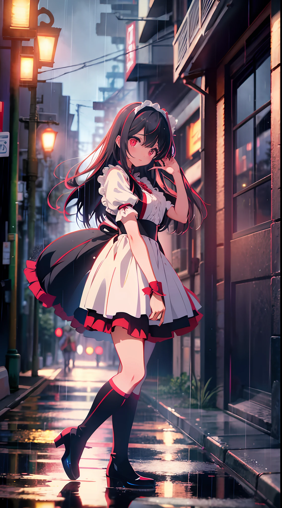 Anime, Rain, Street, Maid Maiden, Lori, Red Eyes, Glowing Eyes, Black Stockings, Backlight, Glow, Look to the Audience, Low Angle Lens, Looking Up Lens, Perfect Composition, Perfect Light and Shadow Delicate, 8K