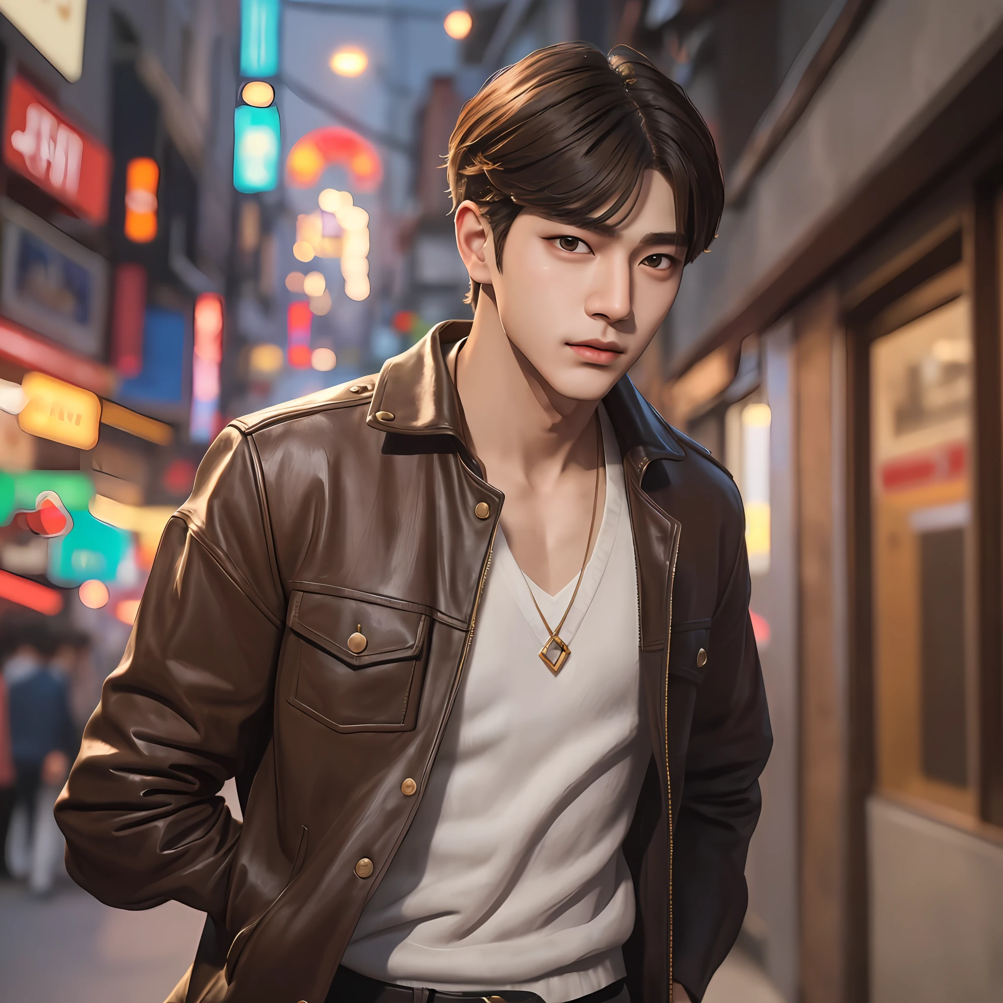 Masterpiece, best quality, (realistic, very detailed), ((a beautiful boy inspired by Korean pop idol KIM TAEHYUNG!!!!!!!)), handsome face, short brown hair, urban clothes, atmosphere, (realism: 1.5), 8k