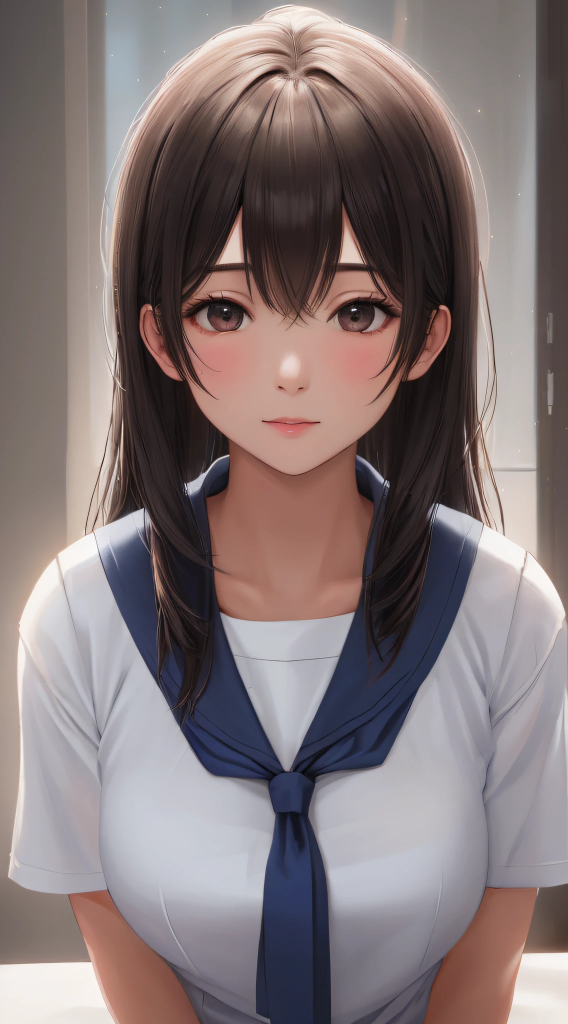 full head-to-shoulder portrait, soft natural lighting, Cute student model: smooth soft skin, symmetrical, natural skin texture, soft lighting, wearing school uniform with collar, detailed face, photorealism, soft pastel colors sparkling, looking into the camera, photorealistic painting, sharp focus, 8k, perfect composition, trending on artstation, award-winning photograph, unreal engine 5, cinematic smooth, intricate detail, studio photo, highly detailed. simple background.