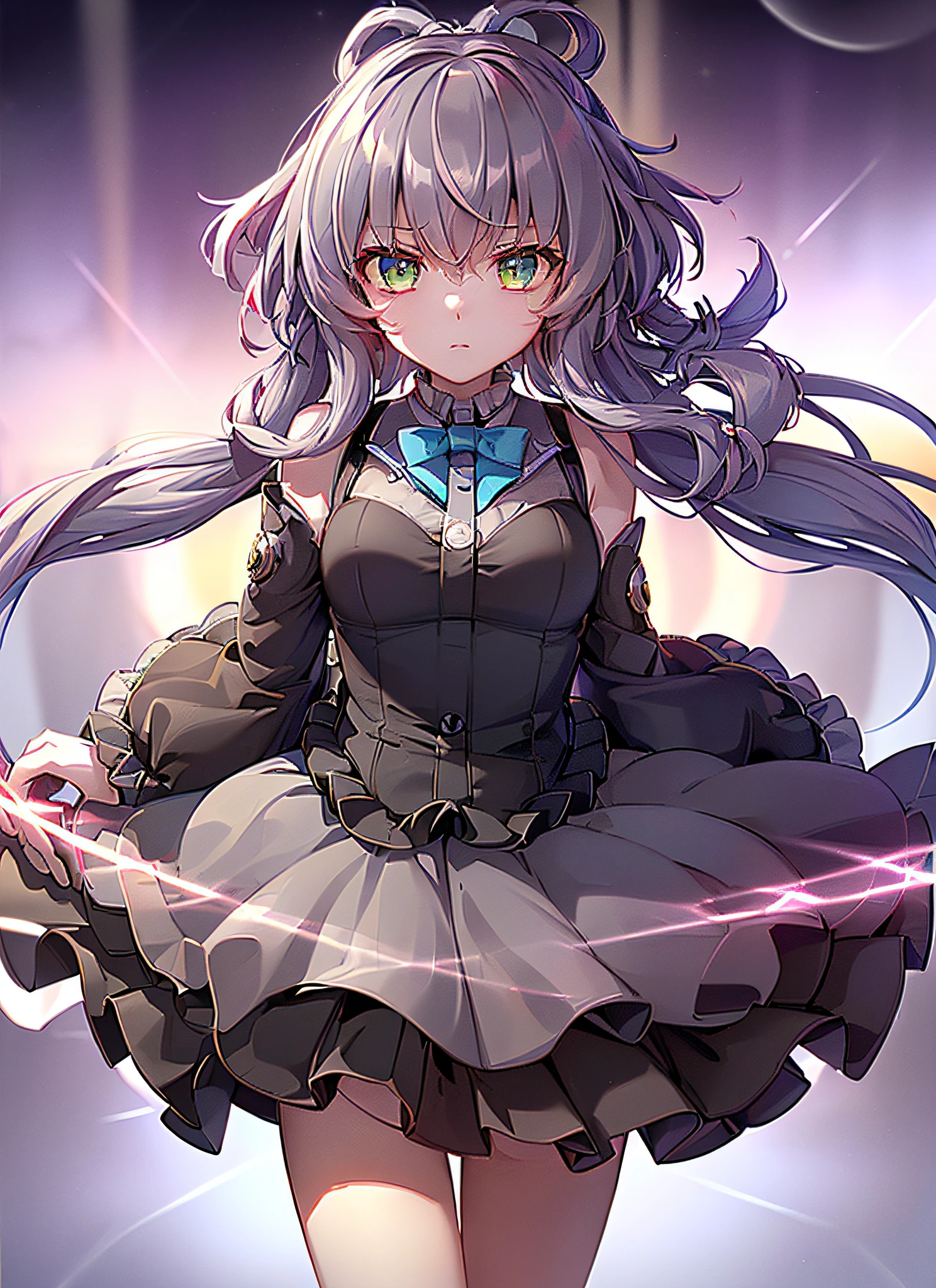 ((inset)), ((floating hair)), ((chromatic aberration), ((caustic)), lens flare, dynamic angle, ((portrait)), (1 girl), ((solo)), cute face, ((hidden hands)), asymmetrical bangs, (beautiful detailed eyes), eye shadow, ((huge clock)), ((glass bars)), (floating glass shards), ((colorful refraction)), (beautiful detailed sky), ((dark intense shadows)), ((movie lighting)), ((overexposed)), (expressionless), blank gaze, large sleeves, ((frills), hair_ornament, ribbon, bow tie, buttons, (((small breasts)), pleated skirt, ((sharp)), ((masterpiece)), (((ultra-fine)), colorful, hdr koushiki, koushiki high legs