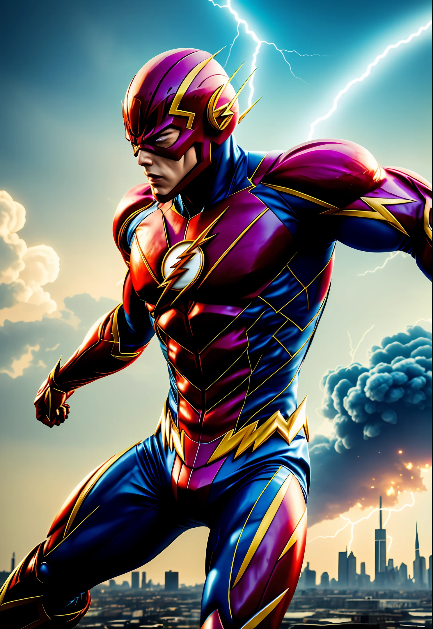 The flash, zombie, summoned mask, bright red eyes, bodybuilder, running, in the background a city, lightning in the sky, ultra details, ultra realistic, cinematic, octane render, 16k.
cinematic epic still of an angel sending a burst of energy towards the earth, scene taken from above, energy blast, mushroom cloud, masterpiece, 4k UHD, photorealistic