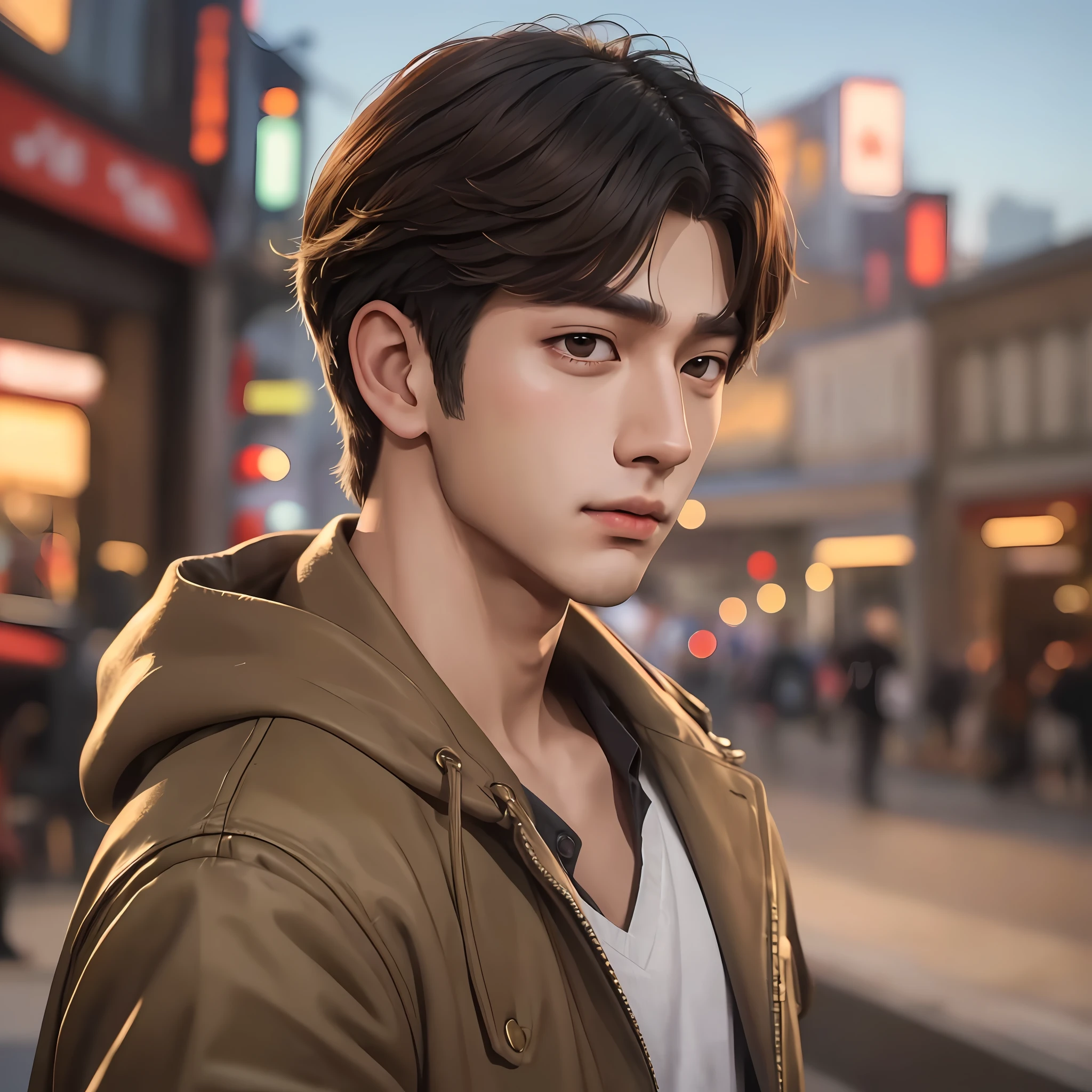 Masterpiece, best quality, (realistic, very detailed), ((a beautiful boy inspired by Korean pop idol KIM TAEHYUNG!!!!!!!)), handsome face, short brown hair, urban clothes, atmosphere, (realism: 1.5), 8k