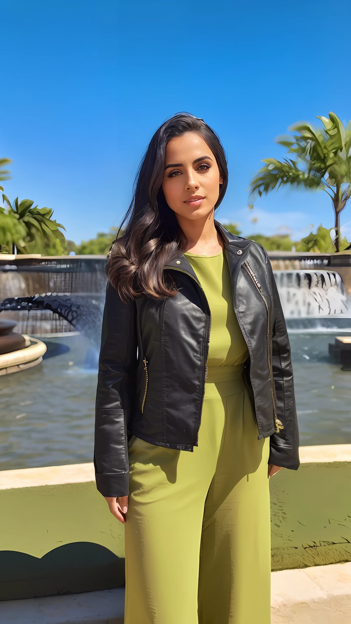 woman in green jumpsuit standing in front of a fountain, alanis guillen, estefania villegas burgos, profile image, beautiful surroundings, lorena avarez, photo of young woman, profile picture, julia fuentes, photo taken in 2 0 2 0, having a great time, on a bright day, adriana dxim, by Siona Shimshi