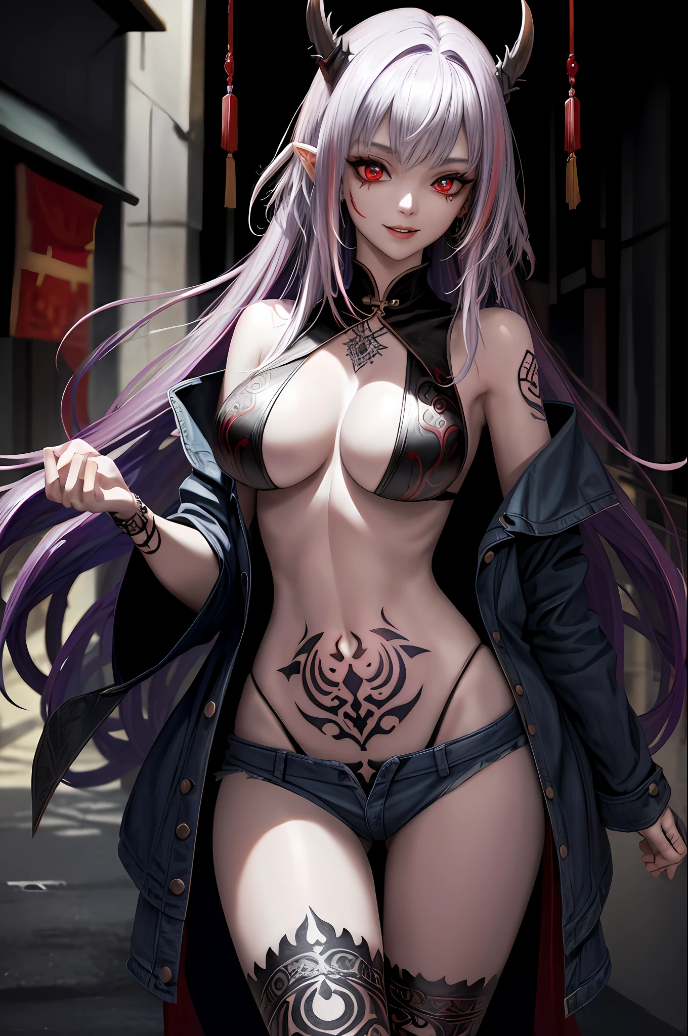 (Ashenhardt style:1.4), Masterpiece, Best quality, High quality,(Red eyes with dark red glow), (in profile), Abstraction, Deep Sea, Award-winning photography, Depth of field, HDR, Very detailed, Trending in art station, Trending in CGsociety, Complex, High detail,(Masterpiece: 1.2, highest quality), (Best lighting, very delicate and beautiful), (Best lighting, Very delicate and beautiful), (beautiful detailed face), (detailed eyes and detailed face:1.2), dark fantasy, (young girl, 1girl, solo, crazy smile, pale skin,G cup,cleavage,19 piercings,((tattoo all over body,tribal tattoo all over foot)) gray hair, red glowing eyes, dynamic angle, vampire), ((back Art paint on the ground, magic circle, graffiti on the wall)),(Get a demon to be summoned:1), ((in the Chinese streets)),(Magic circle to demon),Magic thunder, pointy_ears, Fangs,Blood on face,Blood rain,Blood mist,(Depth of field),High contrast,(Blood splash: 1.4),Cowboy shot,Full body,,Shorts,Jacket,Shirt,Shorts,Cowboy Shots,Denim Jackets,