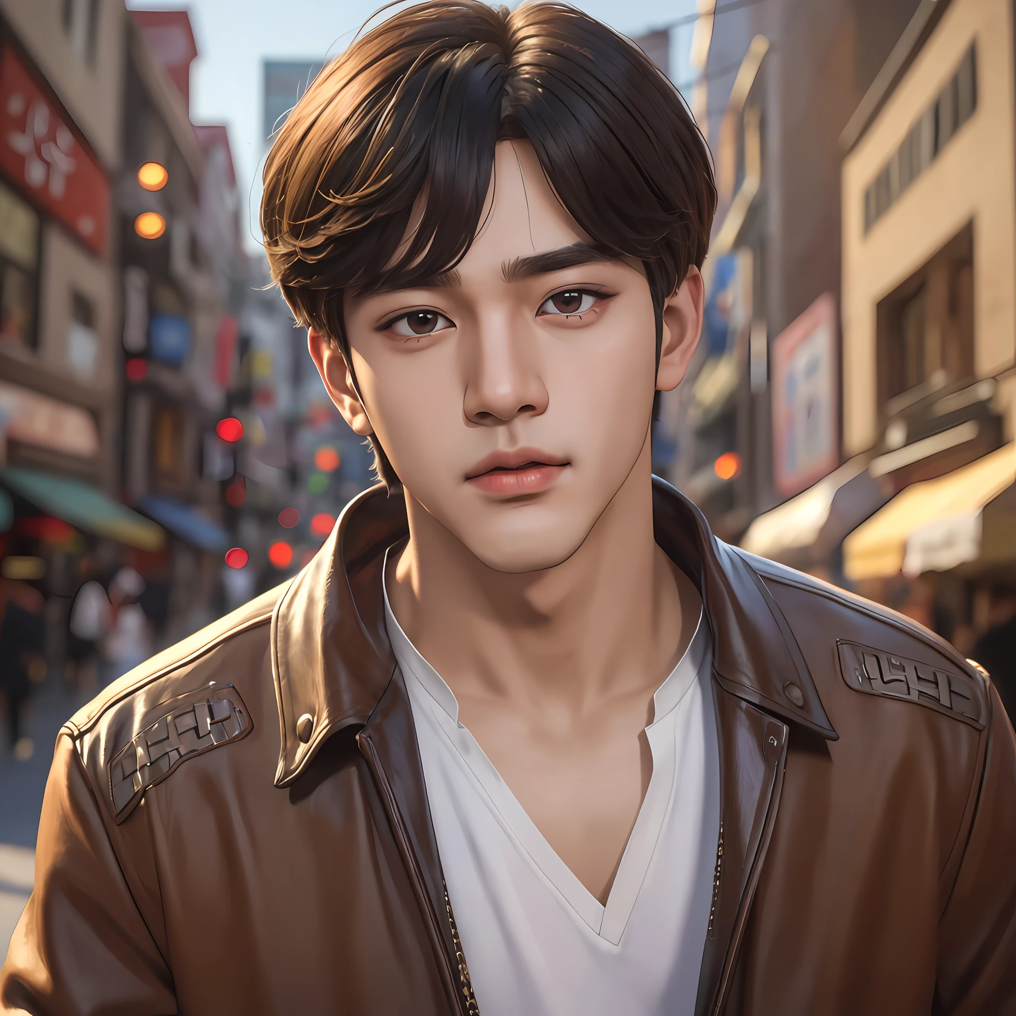 Masterpiece, best quality, (realistic, very detailed), ((a beautiful boy inspired by Korean pop idol KIM TAEHYUNG!!!!!!!)), handsome face, short brown hair, urban clothes, atmosphere, (realism: 1.5), 8k