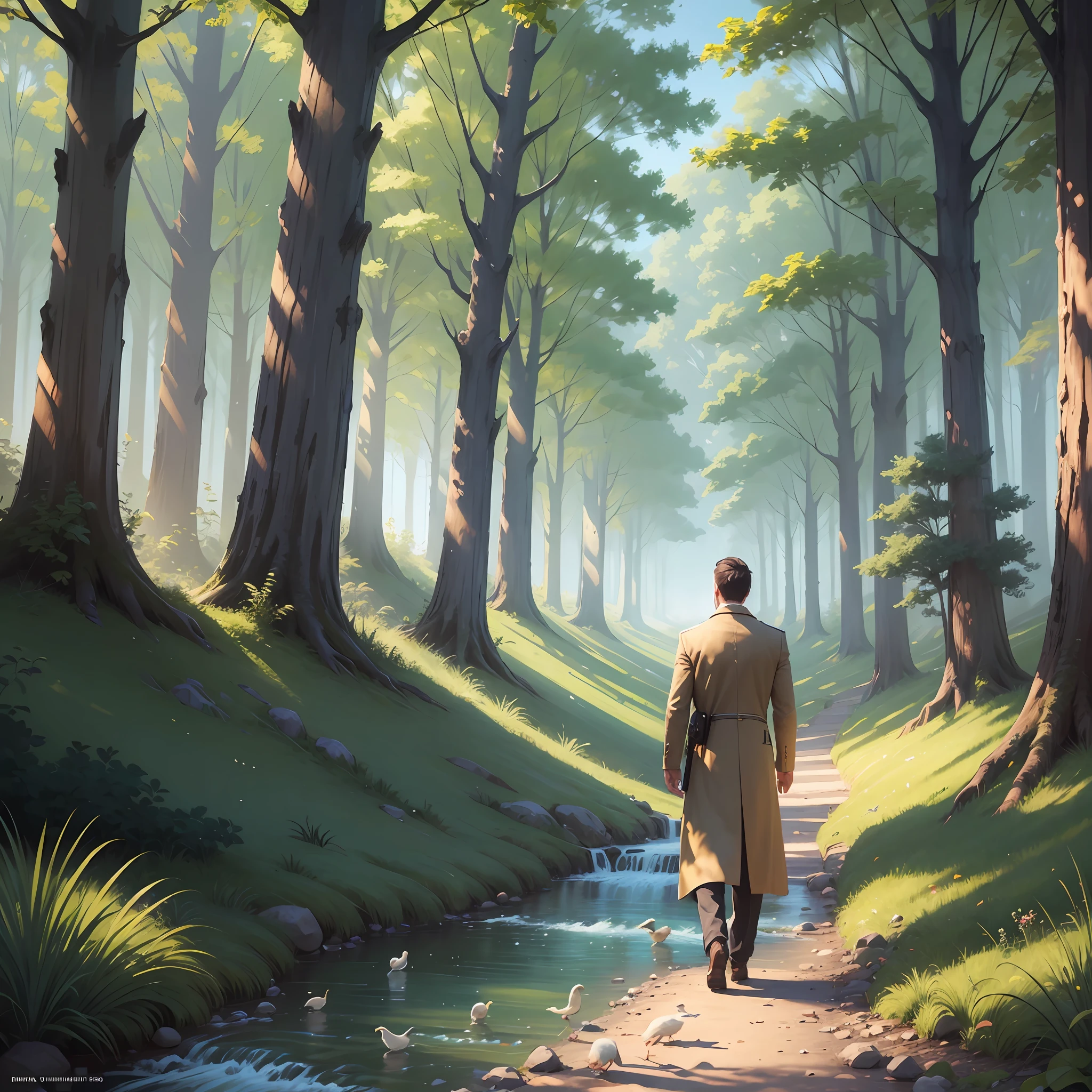 Generate an image of a man walking on a grass, under a shining sun, birds flying, a stream beside him, illustration type, Q4, 3K, 8K, upscale --auto --s2