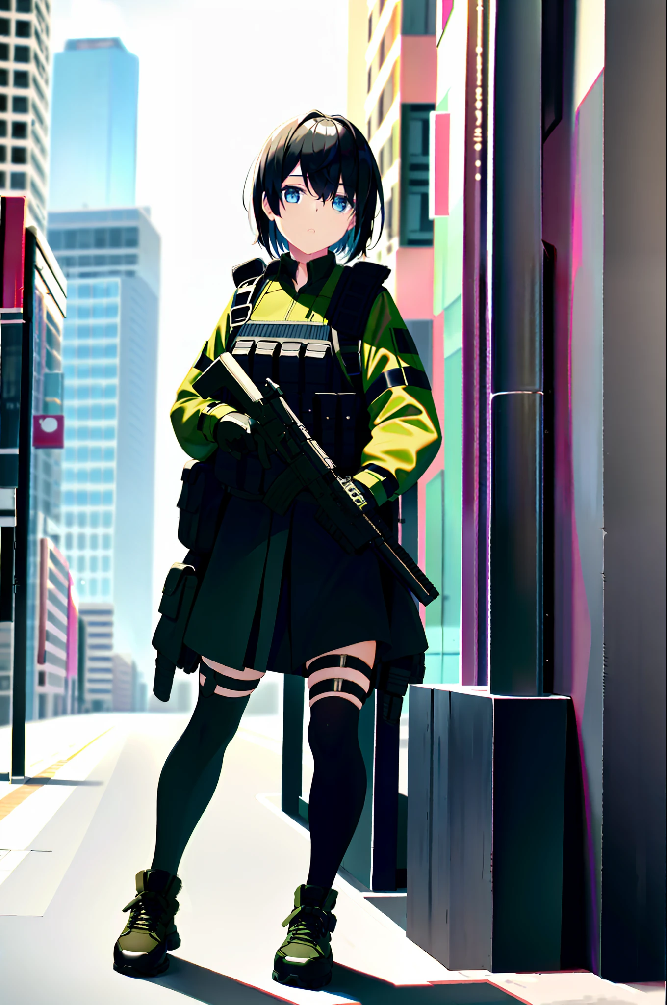 photo of a iom girl, 1girl, bangs, black hair, blue eyes, bulletproof vest, gloves, headphones, holster, looking at viewer, medium hair, military, plate carrier, tactical clothes, (black and khaki clothes), thigh holster, thigh strap, forest, running, black backpack, outdoors,