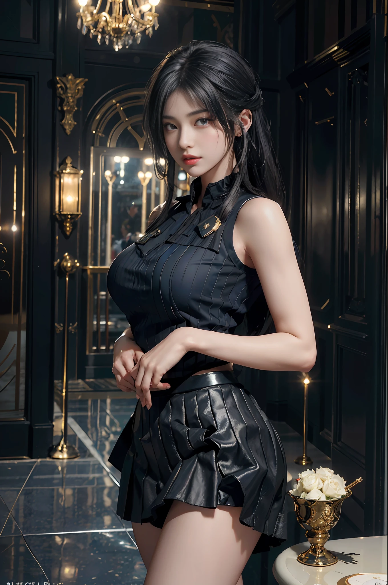 (RAW photo, 4k, masterpiece, high resolution, extremely complex) (realistic: 1.3), cinematic lighting Delicate girl with facial features, oversized, sexy body, protruding and upturned
1 female policeman blue police uniform uniform black wrapped short skirt, in the hotel lobby, magnificent, golden crystal chandelier, golden light illuminated