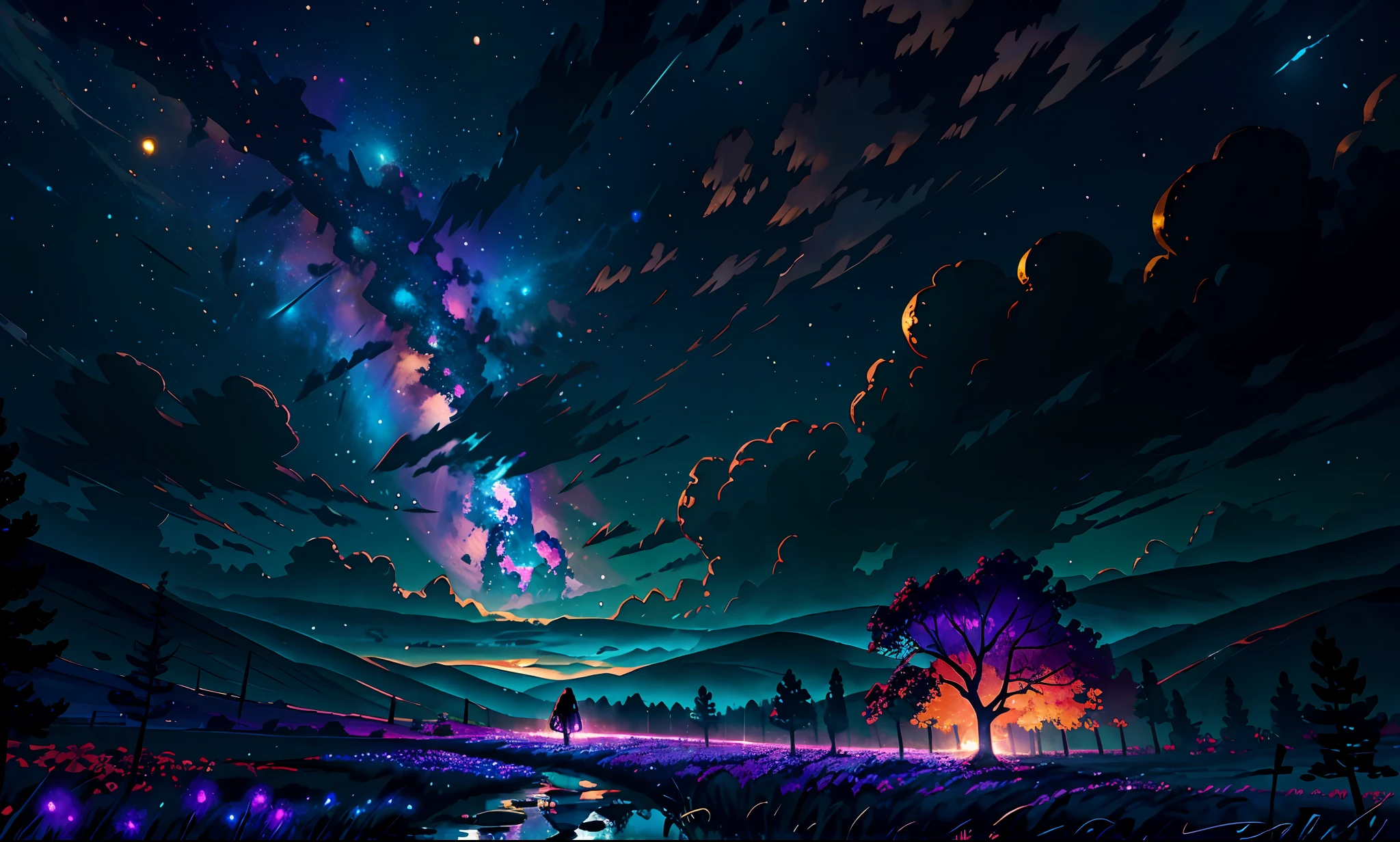 expansive landscape photograph , (a view from below that shows sky above and open field below), a girl standing on flower field looking up, (full moon:1.2), ( shooting stars:0.9), (nebula:1.3), distant mountain, tree BREAK
production art, (warm light source:1.2), (Firefly:1.2), lamp, lot of purple and orange, intricate details, volumetric lighting BREAK
(masterpiece:1.2), (best quality), 4k, ultra-detailed, (dynamic composition:1.4), highly detailed, colorful details,( iridescent colors:1.2), (glowing lighting, atmospheric lighting), dreamy, magical, (solo:1.2)