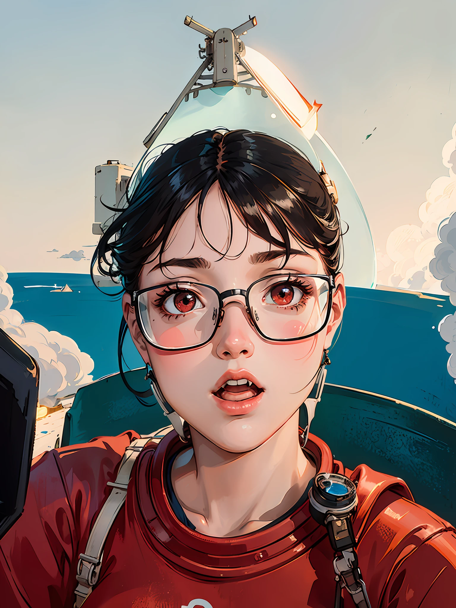 1girl,flat_breasts,cute,beautiful detailed eyes,shiny hair,visible through hair,hairs between eyes, CCCPposter, sovietposter,red monochrome,soviet poster, soviet,communism,
Black_hair,red_eyes,vampire,teenage,poorbreast,Spacesuit:Orange_clothing_body:jumpsuit),white_gloves, white_space shoes, white_helmet, the CCCP red letters on the top of helmet, weightlessness, Side light, reflection, The person in the spacesuit is at the bottom left of the frame, The right hand is outstretched, the right hand gently touches the Salyut space station), Space station in the upper right corner of the screen, Reflected light from the sun, Silver metal,red flag, brilliance,USSR style, diffuse reflection, Metallic texture, The vista is a blue Earth,mecha style,the sea of star,high tone, magnificent