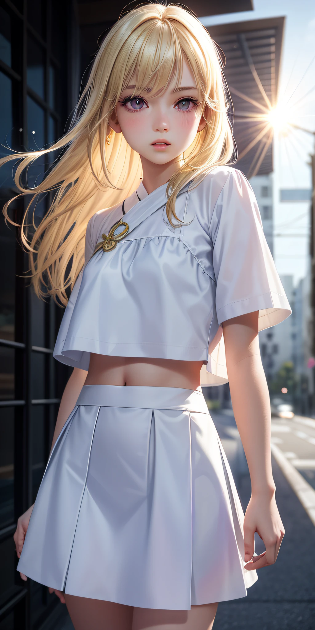 Realistic, girl alone, blonde, petite, purple eyes, shining eyes, cropped top, skirt, parted lips, blush, night, flower, sun, sunlight, white skirt, short skirt, medium length hair, realistic, warm color, white short dress, white clothes, light background color, daytime environment, bright color background, saudi, sea, cute,