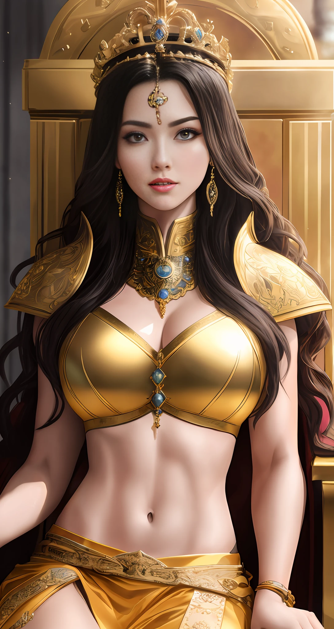 best quality, masterpiece, highres, photo realistic, ultra realistic, sun tyndall effect,photorealistic, dark studio, rim lighting, tone lighting,(high detailed skin:), 8k uhd, dslr, soft lighting, high quality, volumetric lighting, (((midriff exposed))), candid, photograph, high resolution, 4k, 8k, bokeh, ultra realistic 8k cg, (epic:, perfect artwork, masterpiece, ancient dynasty, medieval, fantasy), (((detailed background))), 20yo queen muscular fresh model , shredded,(A stunning God-like beauty), (striking facial features, detailed hair) dynamic angle, (((throne room))), amazing stunningly beautiful, sitting on throne, wavy shiny hair, golden wet skin shining, full body portrait, glamour, perfect soft curves, perfect body, perfect boobs, full wet lips, ultra realistic, sun