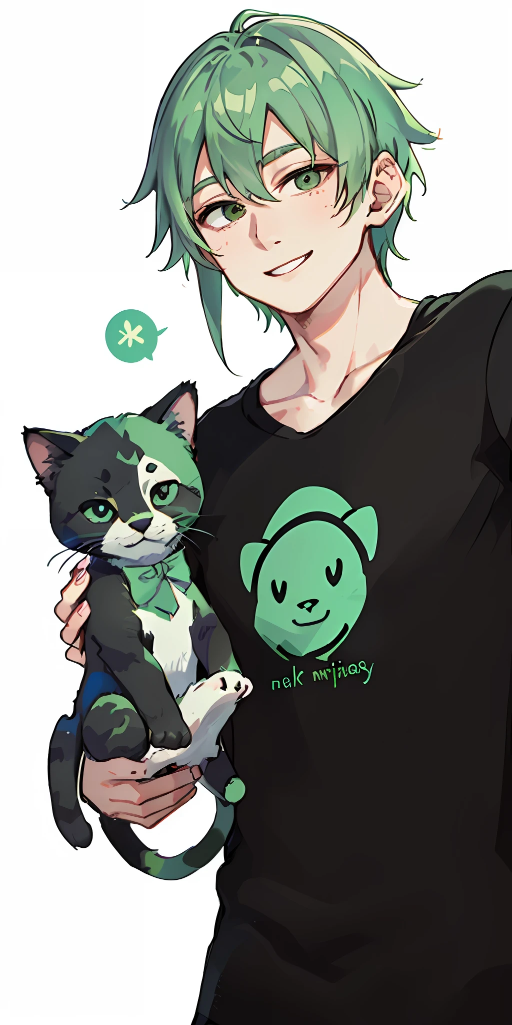 A man with green hair, smiling brightly and handsome, wearing a black T-shirt with patterned kittens, white background