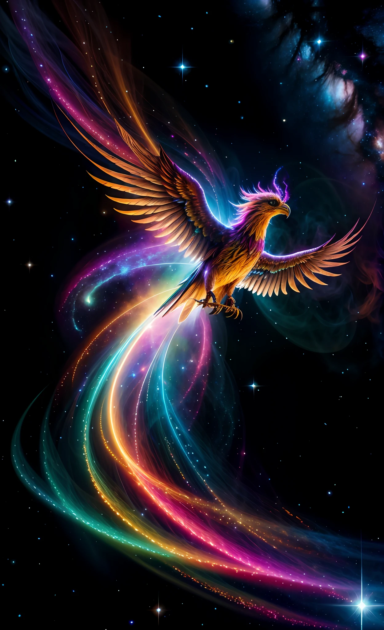a photograph Galaxies, spirals, space, nebulae, stars, smoke, iridescent, intricate detail, in the form of a phoenix, octane rendering, 8k hyper realistic, realistic texture, unreal natural lighting engine, cinestill 800, (35mm lens)