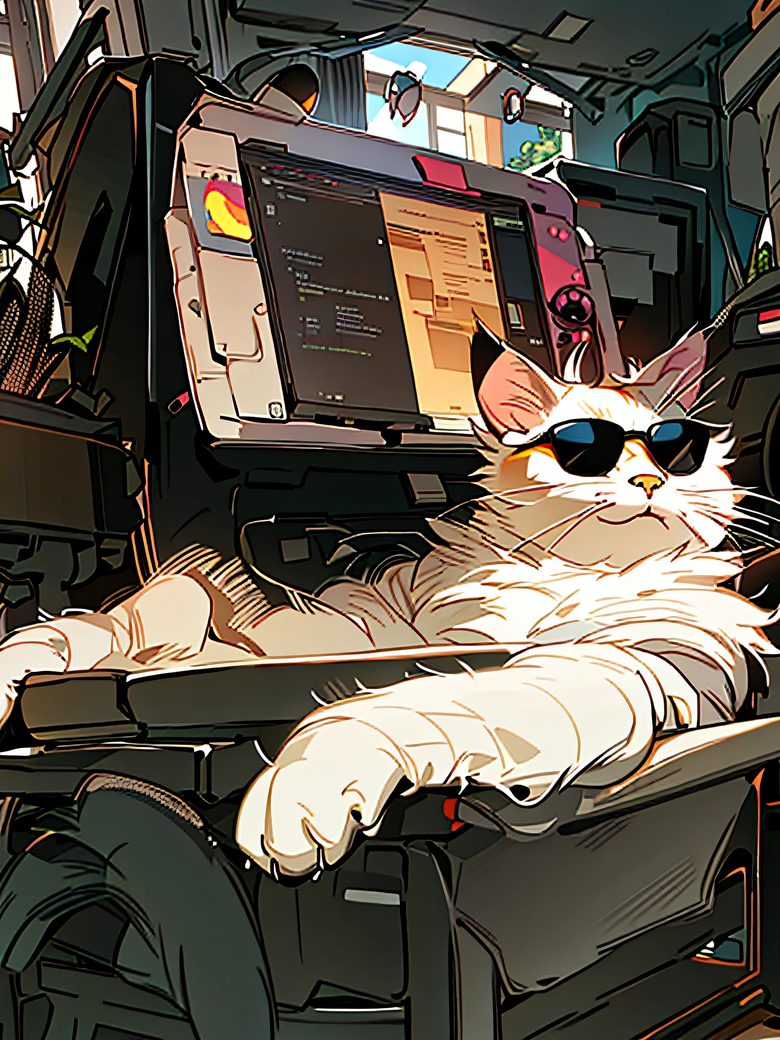 there is a cat wearing sunglasses sitting in a chair, with sunglasses, looking heckin cool and stylish, in sun glasses, the cat is smiling, he is very relaxed, a cat sitting in a chair, wearing shades, with sunglass, lemon wearing sunglasses, highly fashionable, wearing cool sunglasses, perfectly shaded, awesome cat, funny cat, chonker cat, wearing sunglasses