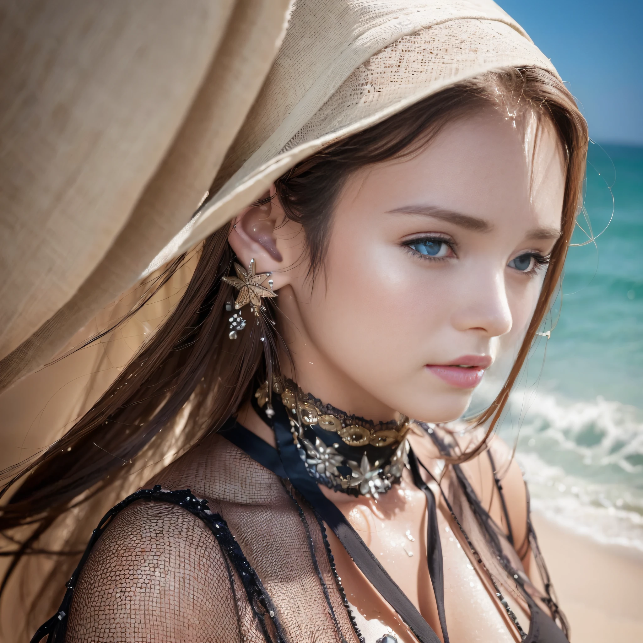 ((Top Quality, 8k, Masterpiece: 1.3)), Pretty Woman with Perfect Figure: 1.4, (Big: 1.2), Highly Detailed Face and Skin Texture, Detailed Eyes, Beach, 1girl, Torn Clothes, Cinematic, Wet Body, Full Body, Goddess of Japan, Shorthair