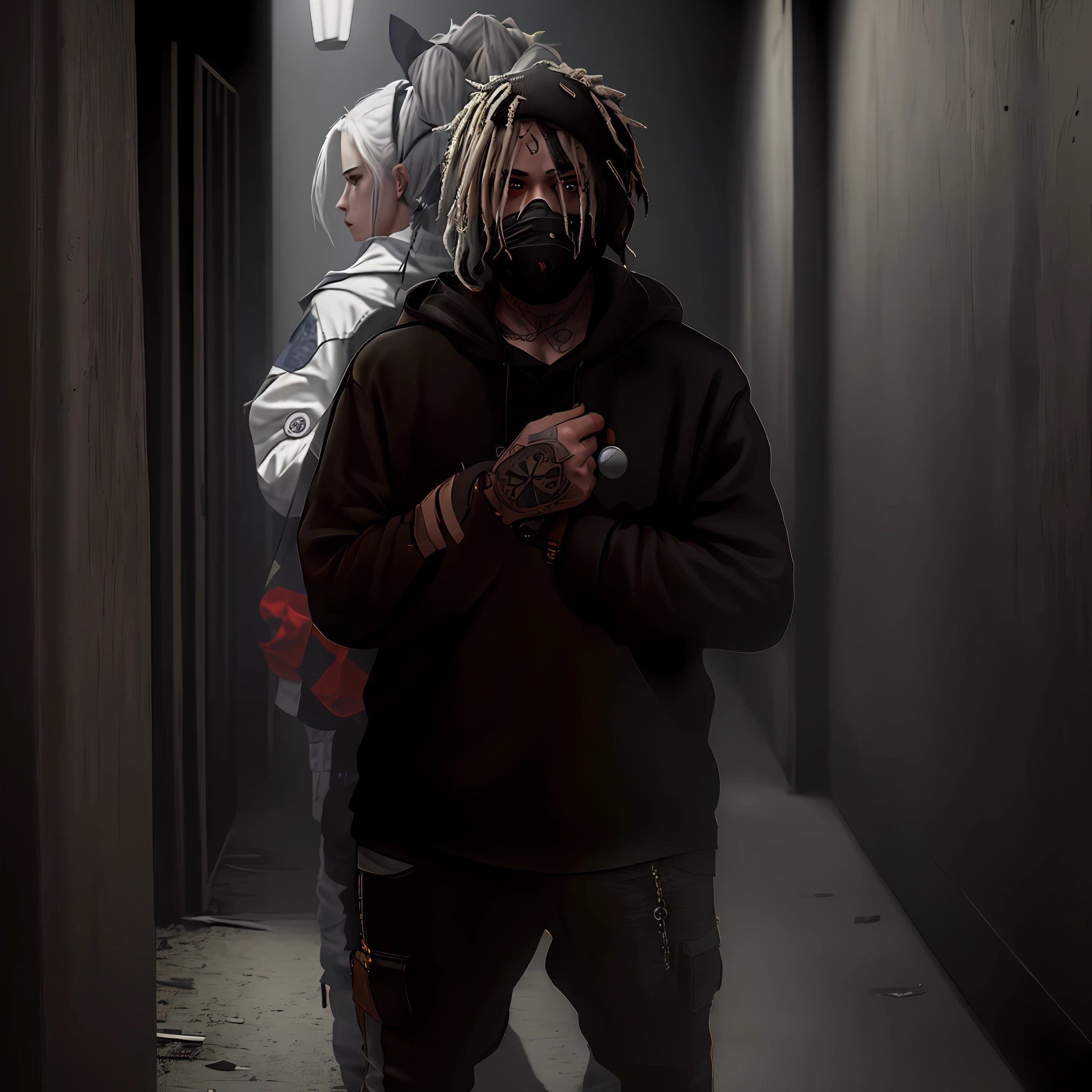 ((ultra realistic details)), arafed white man with white dreadlocks and a hoodie standing in a dark hallway, black mask, blue eyes, badass anime, portrait, global illumination, shadows, octane render, 8k, ultra sharp, metal, intricate, ornaments detailed, perfectly drawn, perfect proportions, cold colors, lil peep, lil pump, xxxtentacion, justin bieber, marshal maters, highly intricate details, realistic light, trending on cgsociety, glowing eyes, facing camera, sicko, trending, ashy, photo from a promo shoot, end of an era, official artwork, promo image, dark walls, steampunk, punk, trapstar, album cover, white man, blue eyes, chains, rings, holding a microphone, lil peep, masked, shinobi, alternate album cover, album cover!, xxxtentacion, album art cover, album art, new album cover, yung lean, music album cover, album cover, rap album cover, colored album art, hardops, arca album cover, an album cover, album artwork, sicko, trending, anime artsyle, dark, darkness, shadows, orange, blood, crime, katana, bandana, shinobi mask, perfect proportions, beautiful eyes, beautiful face, amazing, masterpiece, high resolution, 8k, 3d, shadows, lights, purple shades, perfectly drawn