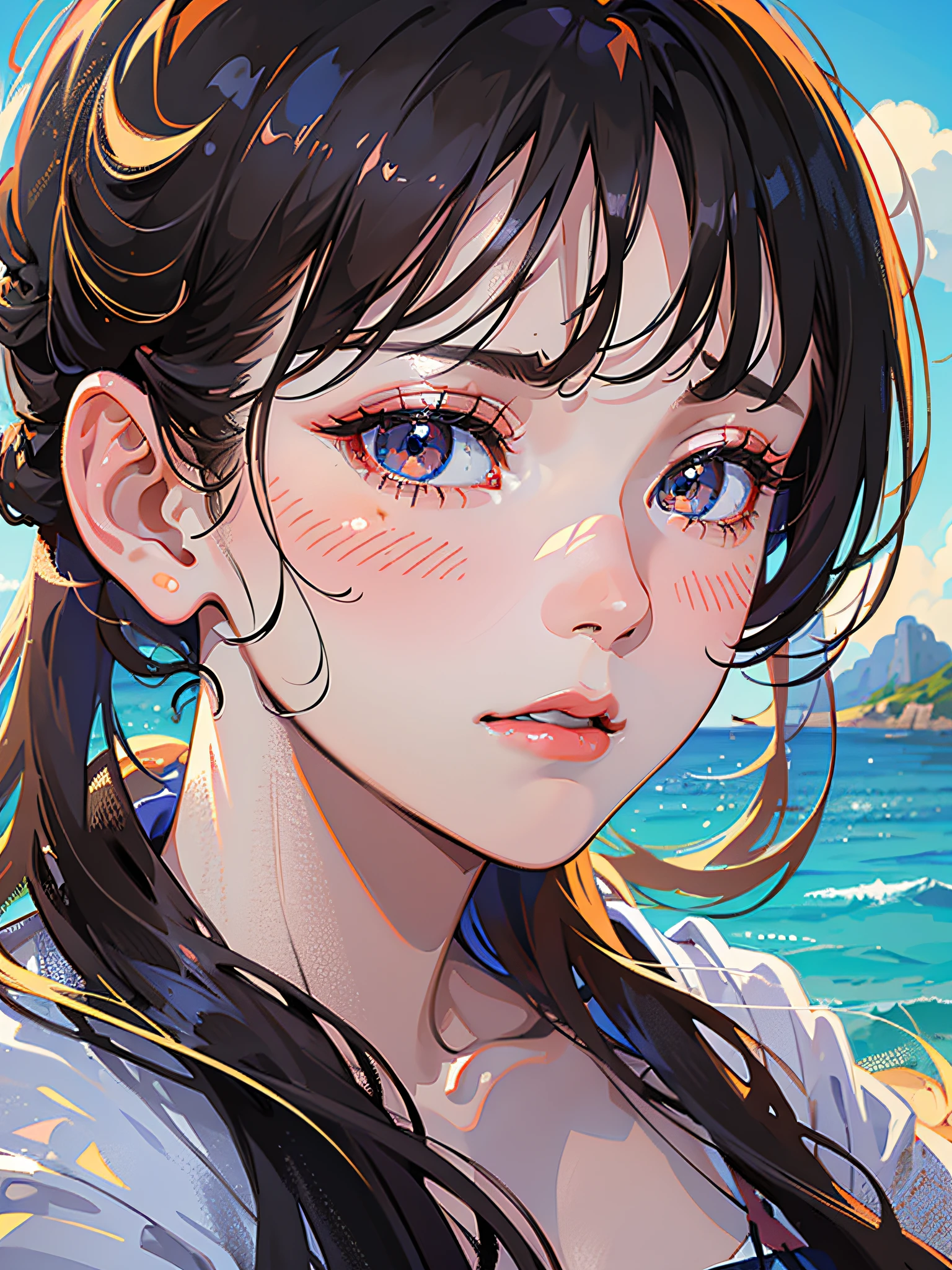 Temperament girl, delicate facial features, bangs, brown ponytail, messy hair, hair is very realistic, wearing a white shirt with short sleeves, the background is the sky, sea view, Du Qiong, exquisite makeup, light red lips, big eyes, double eyelids, black holes, bright eyes, symmetrical face, face is very real, meticulously portrayed the girl's face, blush, super high appearance, looking at the audience, very realistic skin, skin oil reflection, artwork, clothes with real fabric texture, realistic painting, film style, Photography level, ray tracing, realistic light and shadow effects, realism, masterpiece, just like the top photography effect, 8K
