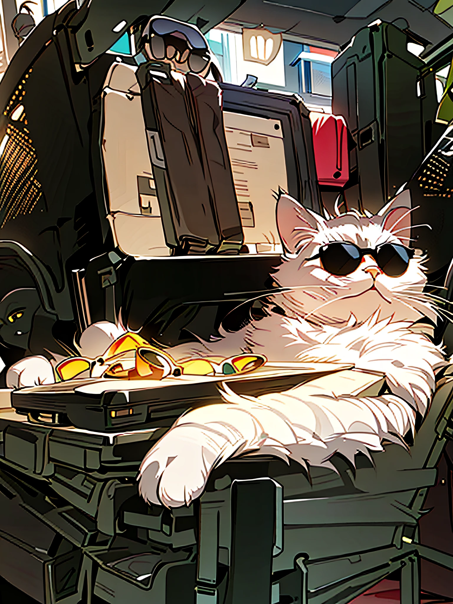 there is a cat wearing sunglasses sitting in a chair, with sunglasses, looking heckin cool and stylish, in sun glasses, the cat is smiling, he is very relaxed, a cat sitting in a chair, wearing shades, with sunglass, lemon wearing sunglasses, highly fashionable, wearing cool sunglasses, perfectly shaded, awesome cat, funny cat, chonker cat, wearing sunglasses