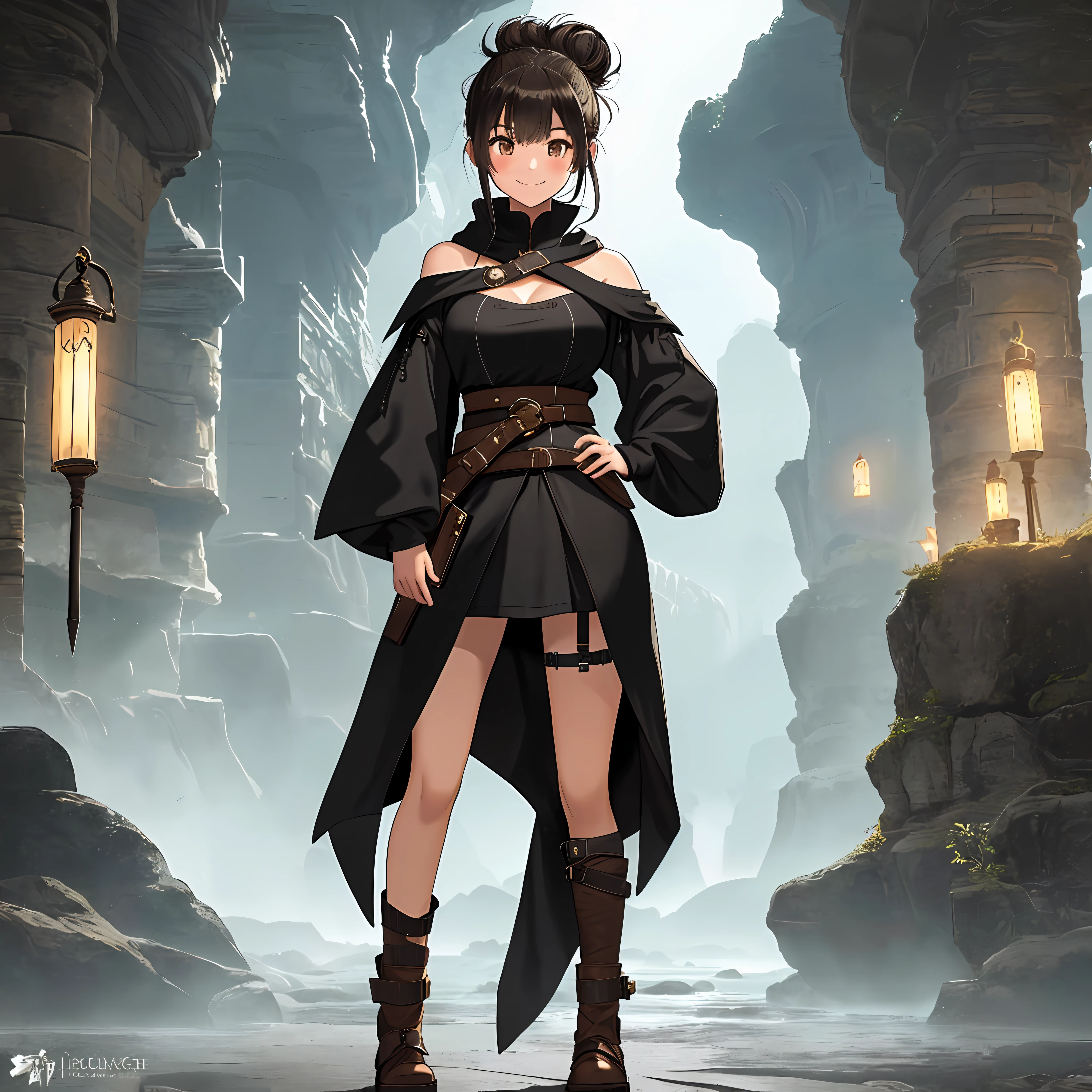 ((masterpiece,8k,highest quality:1)),(1girl,solo,standing,full body:2)) black haired, brown eyed girl. (Mage,thief,mage-thief,spellthief,eldritch trickster,arcane trickster) masterpiece,8k,highest quality:1)),((1girl)),((solo)),((standing,full body)) black haired (long hair,low-bun,messy bun,long bangs), brown eyed girl (youthful,cute face,smile,mischievous). (Mage,thief,mage-thief,spellthief,eldritch trickster,arcane trickster,adventurer). Hood down, hood, Dark robes (bare shoulders, long sleeves), belt, pouches, Thigh strap, book satchel. (Slim,busty,slender,buxom)