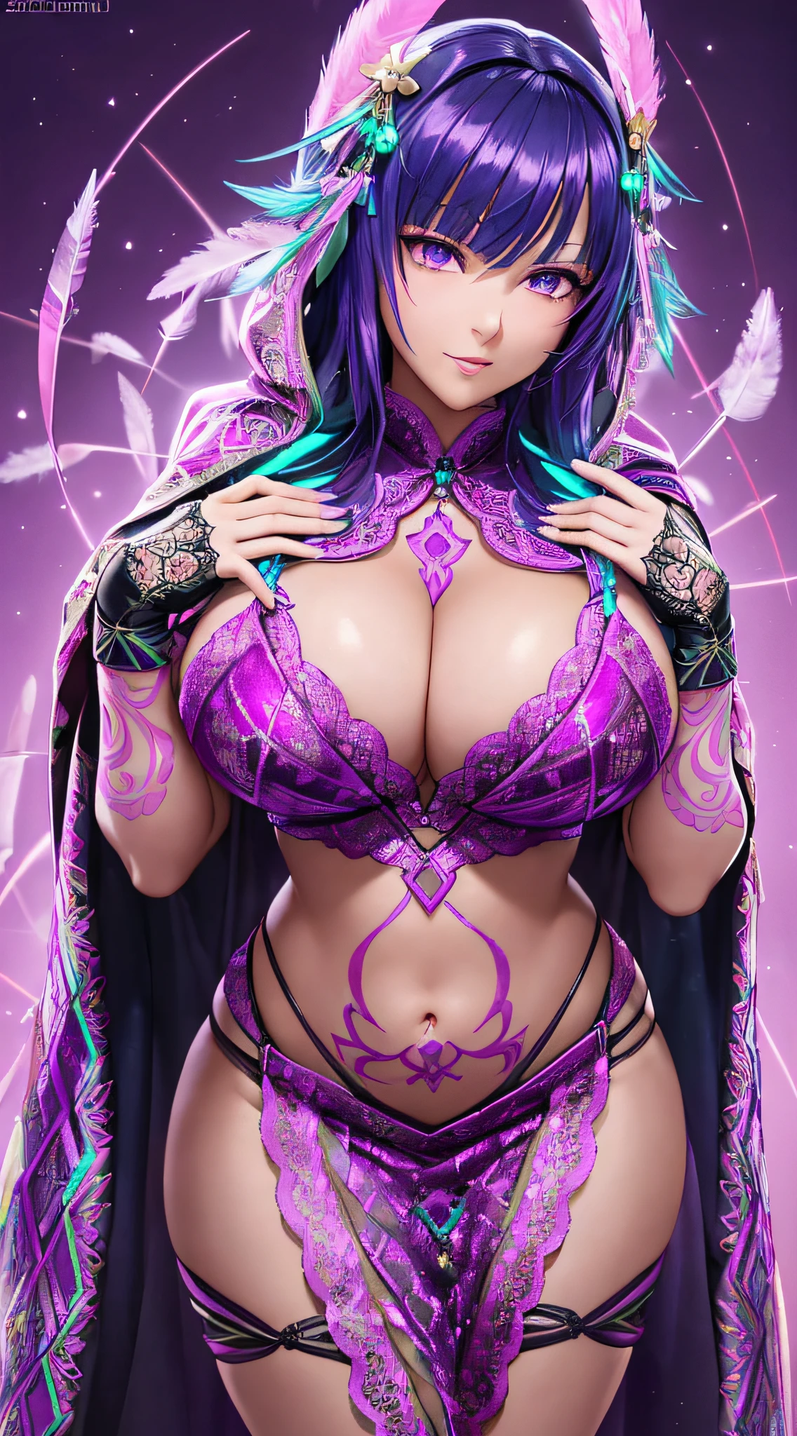 nighttime,full body,Genshin Impact:Raiden Shogun,(((Wearing Fluorescent fabric:harem outfit,Suzhoou embroidery technique:Lace sequin cloak woven from feathers))), Fabric Glows, Masterpiece,best quality,extremely detailed 3DCG, Cinema-4D ,8k,Photorealistic, ( ##tattoo ##,tattoo, ~+ tattoo), (erfect female curves, huge stacked breast and proud cleavage),(A seductive gaze), Facing the camera, Pink lips,Blacklight lighting,