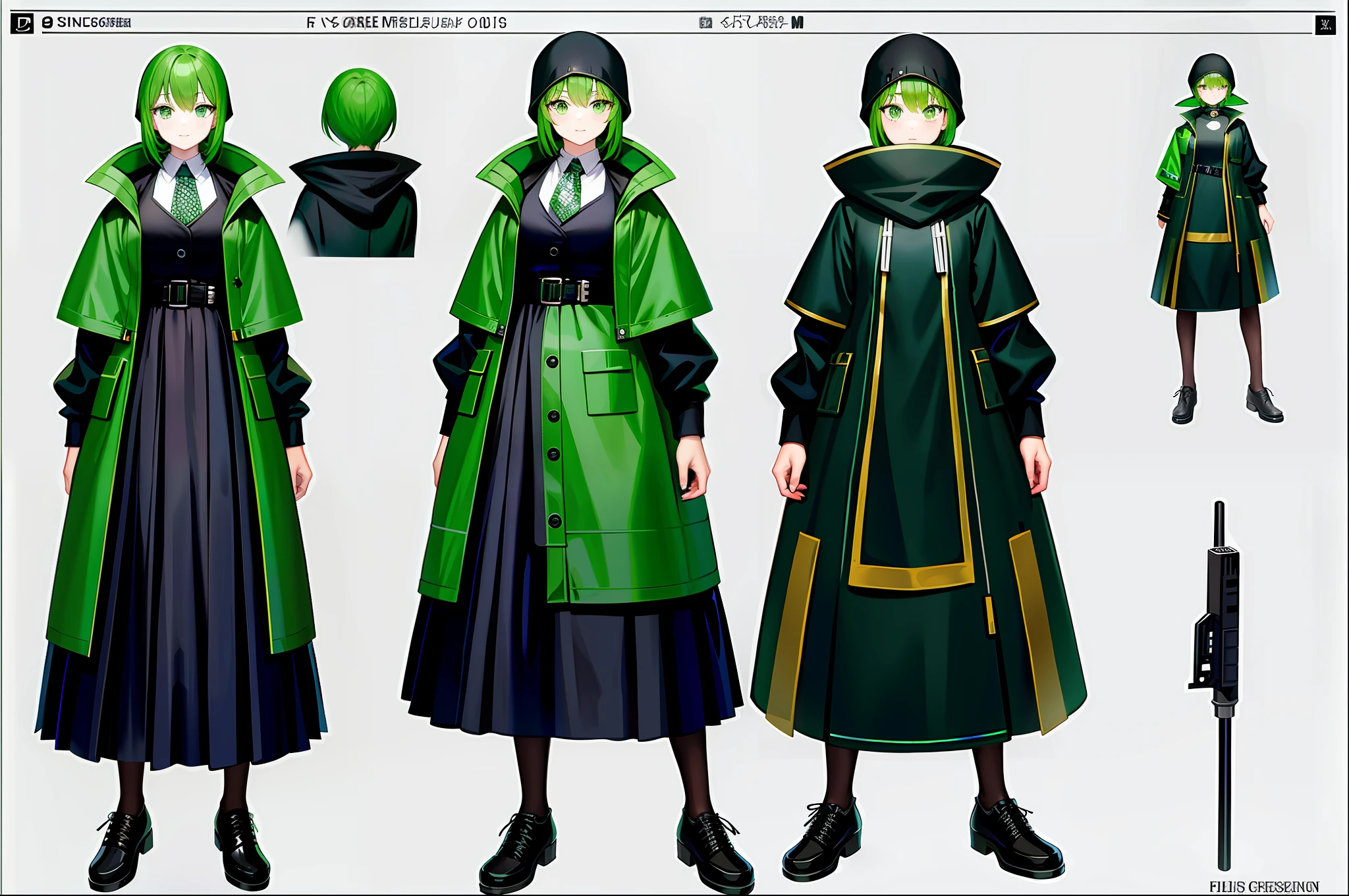 Bank robber girl with dress and poncho dress with lots of pockets green and black color scheme holding whip full body art character concept art anime character sheet wearing mask poncho dress with lots of pockets