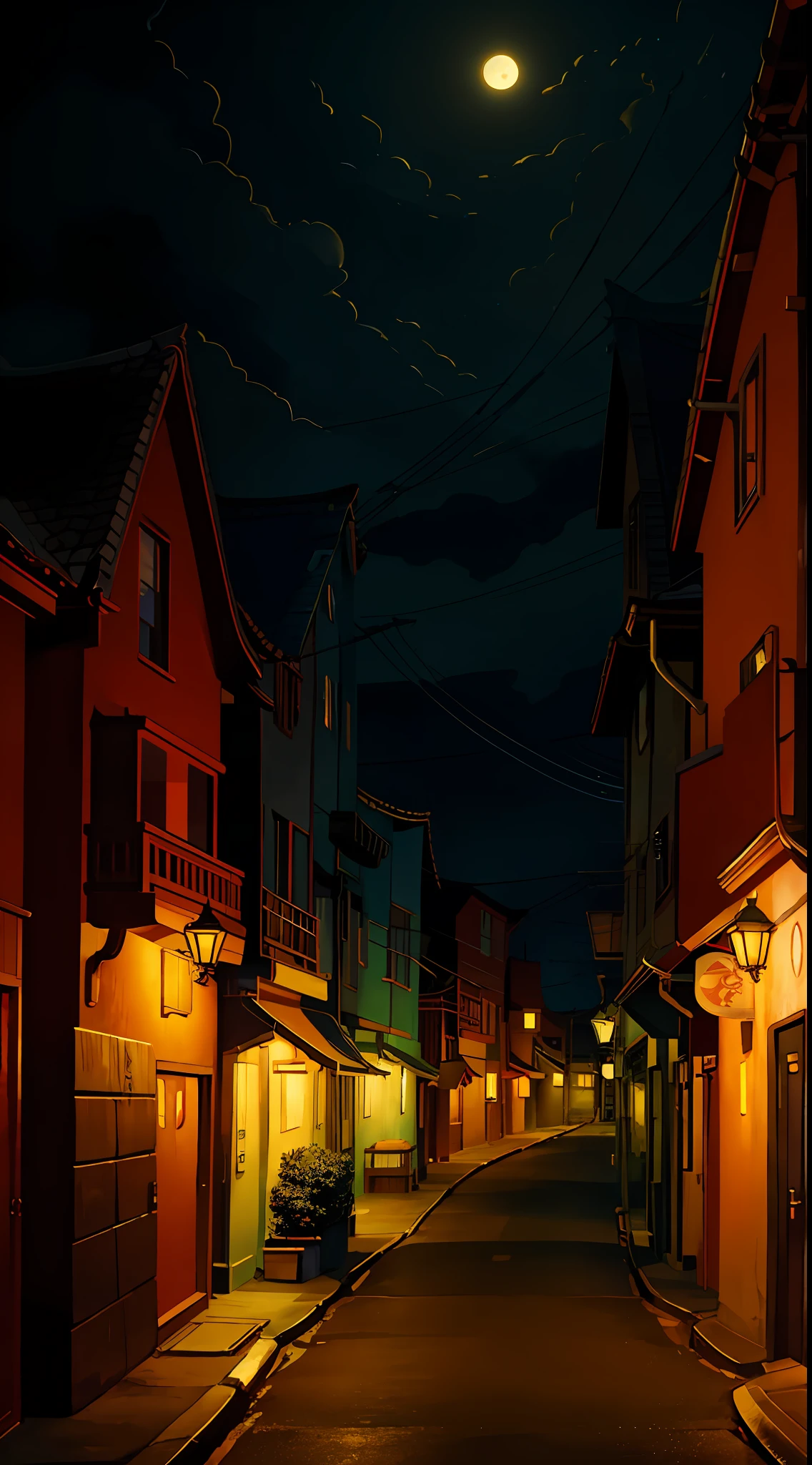 Full moon night, night scene of city streets, ghosts roaming the streets, spooky town, city landscape in Spirited Away-style, anime background art, dramatic lighting, yellow pleasant lights, concept art, gloomy. Spirited Away, Miyazaki style, town at night, city at night, 8k resolution, anime landscape concept art, very detailed, anatomically correct, calm night. Digital illustration, digital painting,