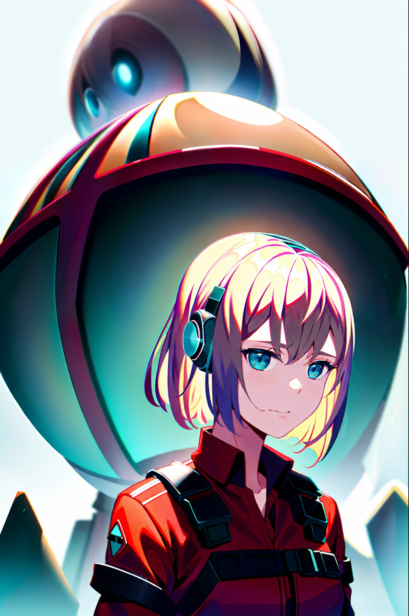 IOM girl photo, 1 girl, bangs, blonde, blue eyes, bulletproof vest, gloves, headphones, holster, looking at the audience, medium hair, photo of woman in red dress standing in front of giant spider, symmetrical epic fantasy art, epic fantasy sci-fi illustration, inspired by Mark Simonetti, Mark Simoneetti's style, Mark Simonetti's art style, Dan Mumford Tom Bagshaw, film fantasy painting, Mark Simoneetti and Saki Micha
