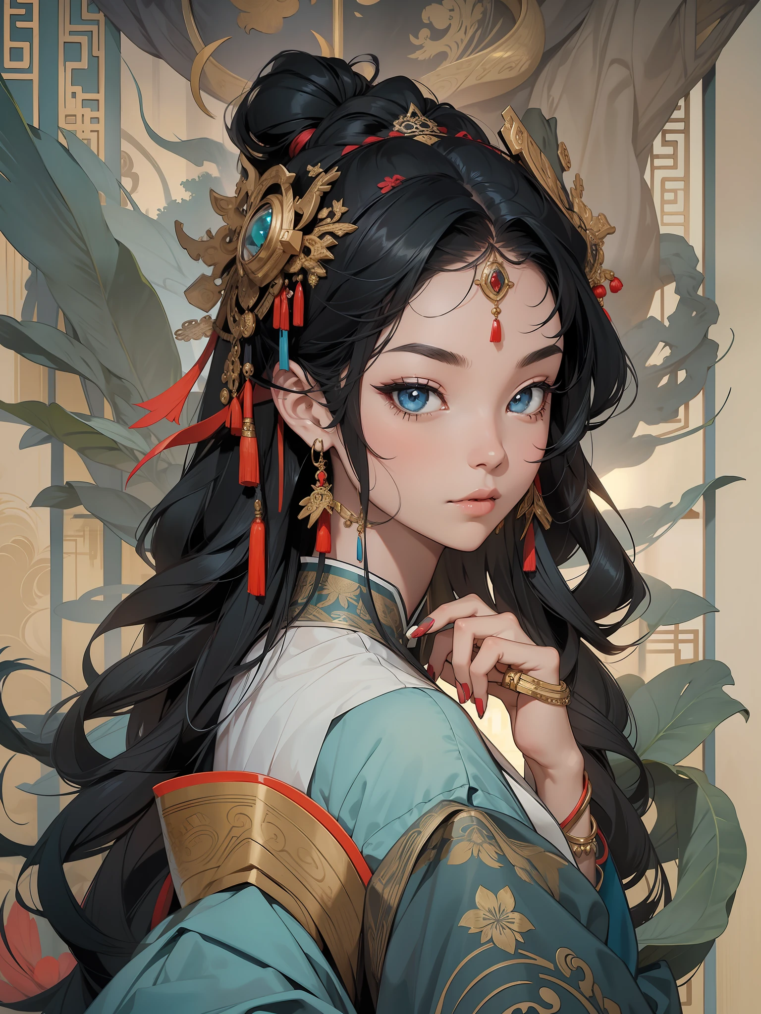 masterpiece, black_hair, 1girl, looking at viewer, long_hair, nail_polish, solo, jewelry, ancient art, chinese,