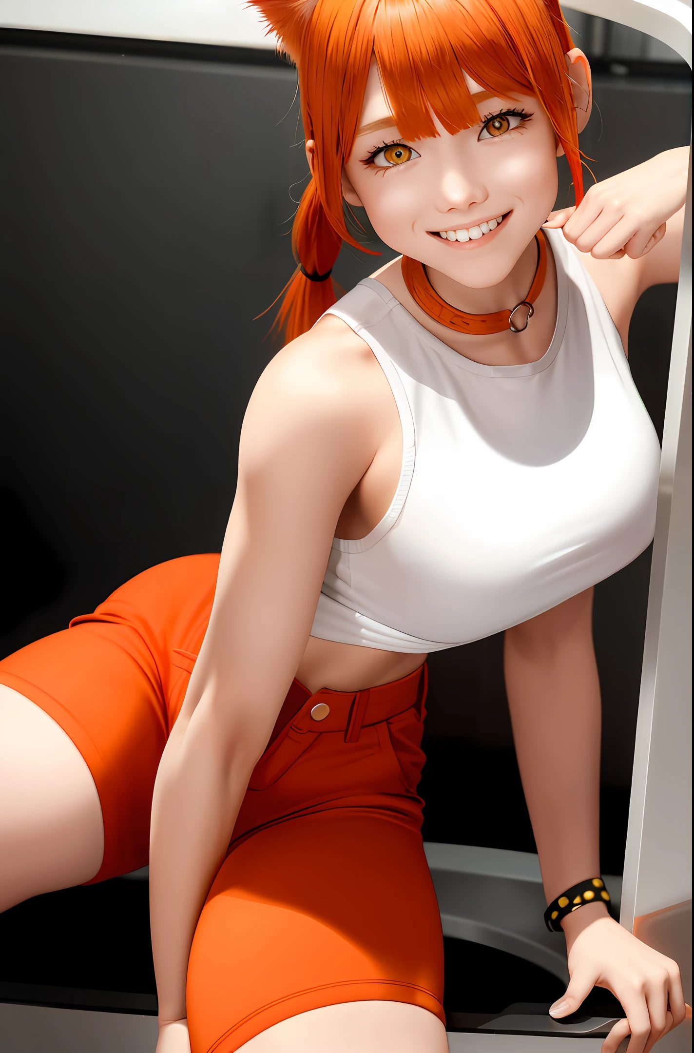 Girl, partial bangs (2:1), yellow hair (red hair), red pick dye, double ponytail, eye tail pick, cat-like pupils, orange eyes, cute, smile, bodybuilding, white vest, loose cargo pants.