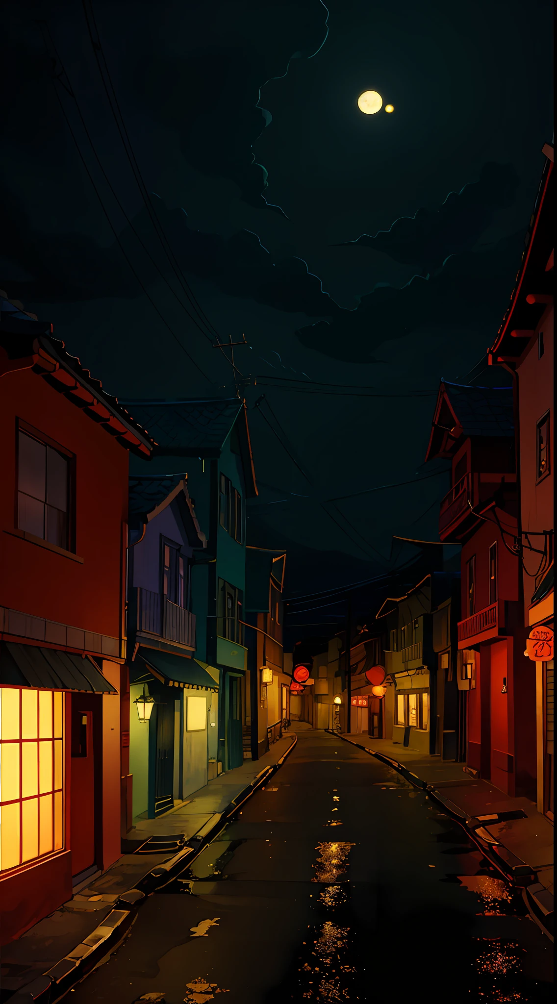 Full moon night, night scene of city streets, ghosts roaming the streets, spooky town, city landscape in Spirited Away-style, anime background art, dramatic lighting, yellow pleasant lights, concept art, gloomy. Spirited Away, Miyazaki style, town at night, city at night, 8k resolution, anime landscape concept art, very detailed, anatomically correct, calm night. Digital illustration, digital painting,