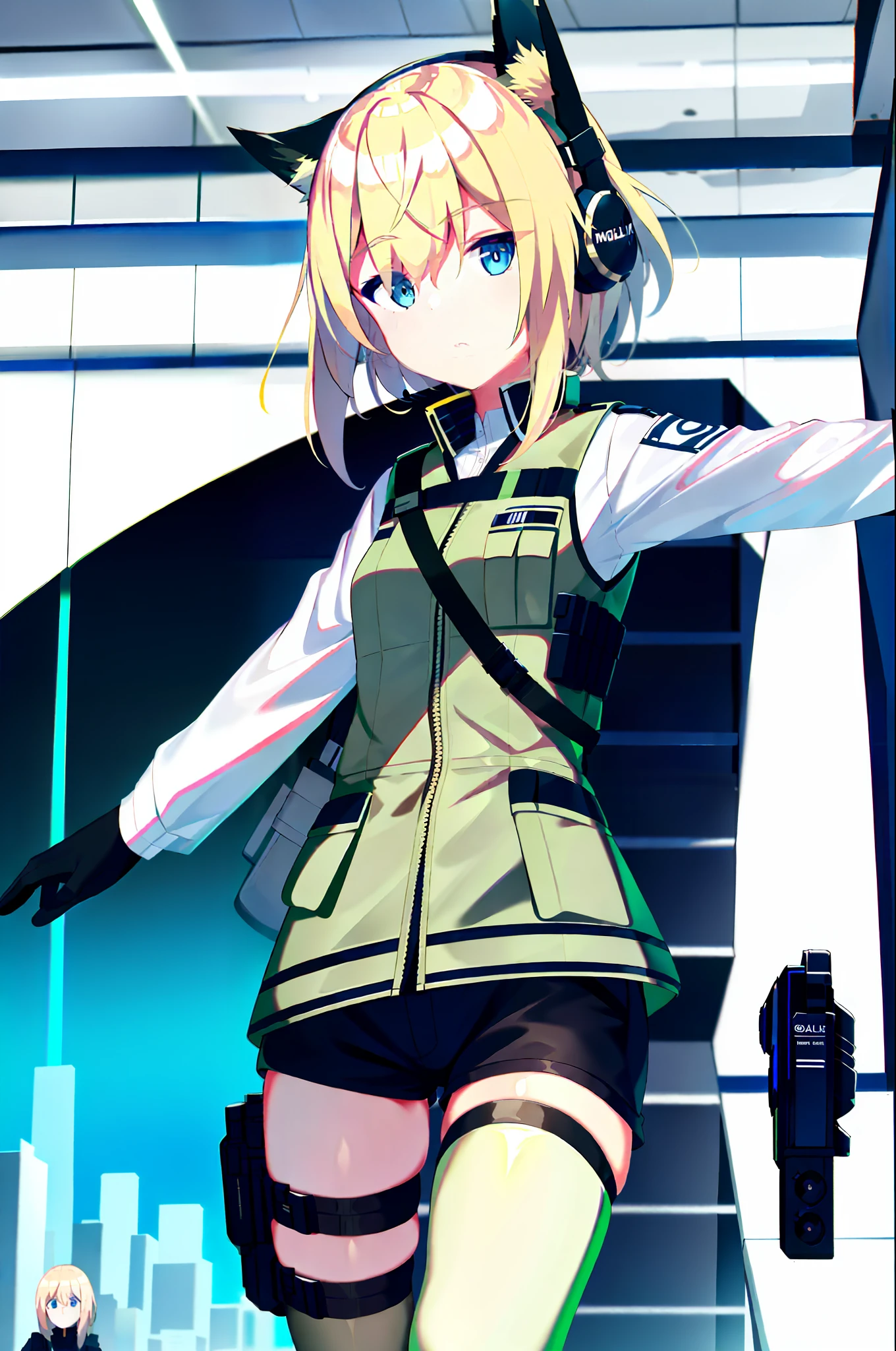 Photo of IOM girl, 1 girl, blonde, blue eyes, bulletproof vest, gloves, headphones, holster, looking at the audience, medium hair, military, board carrier, tactical clothing, (black and khaki clothes), thigh holster, thigh strap, on duty at the airport, leading a wolf dog