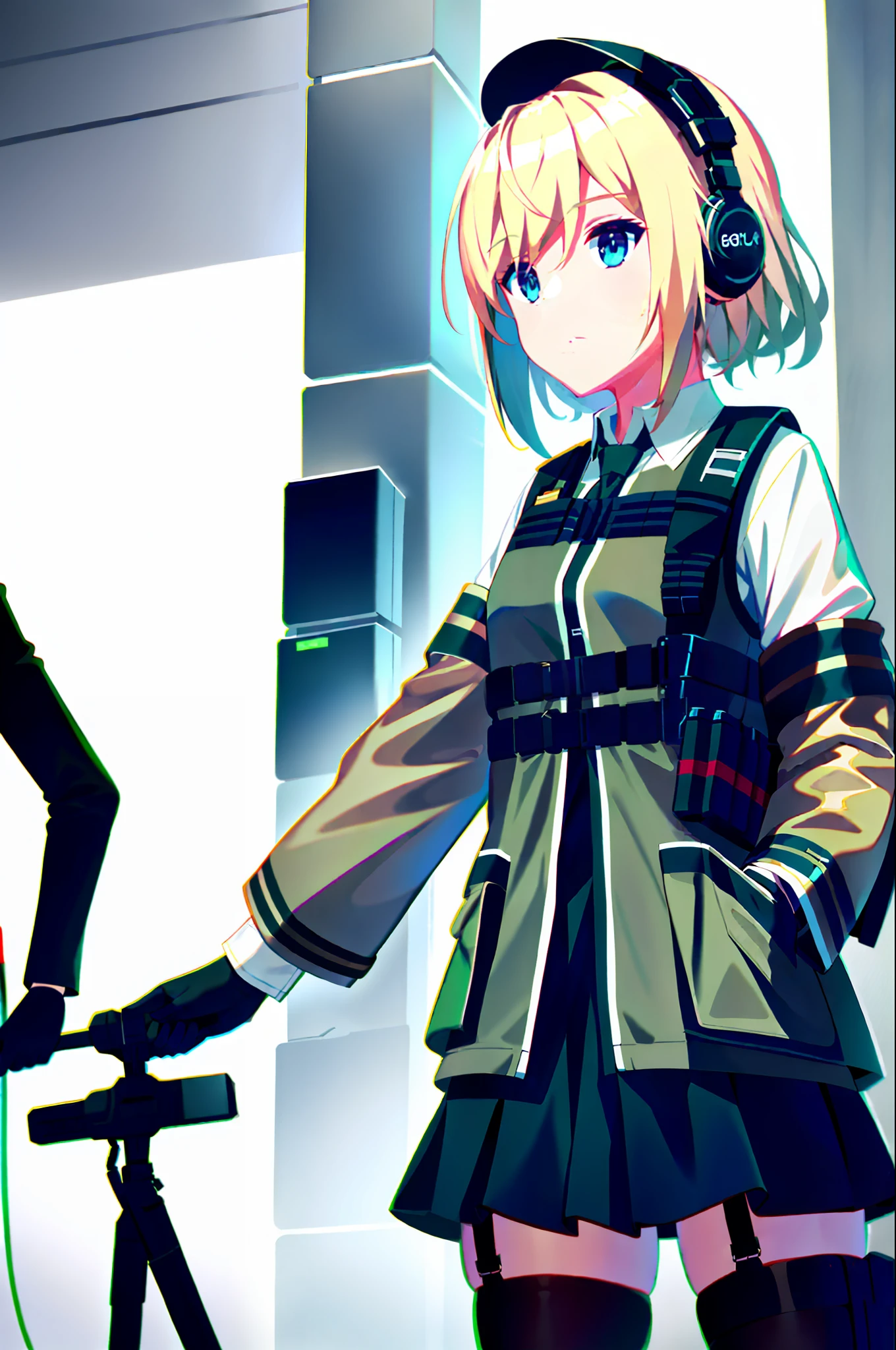 Photo of IOM girl, 1 girl, blonde, blue eyes, bulletproof vest, gloves, headphones, holster, looking at the audience, medium hair, military, board carrier, tactical clothing, (black and khaki clothes), thigh holster, thigh strap, on duty at the airport, leading a wolf dog