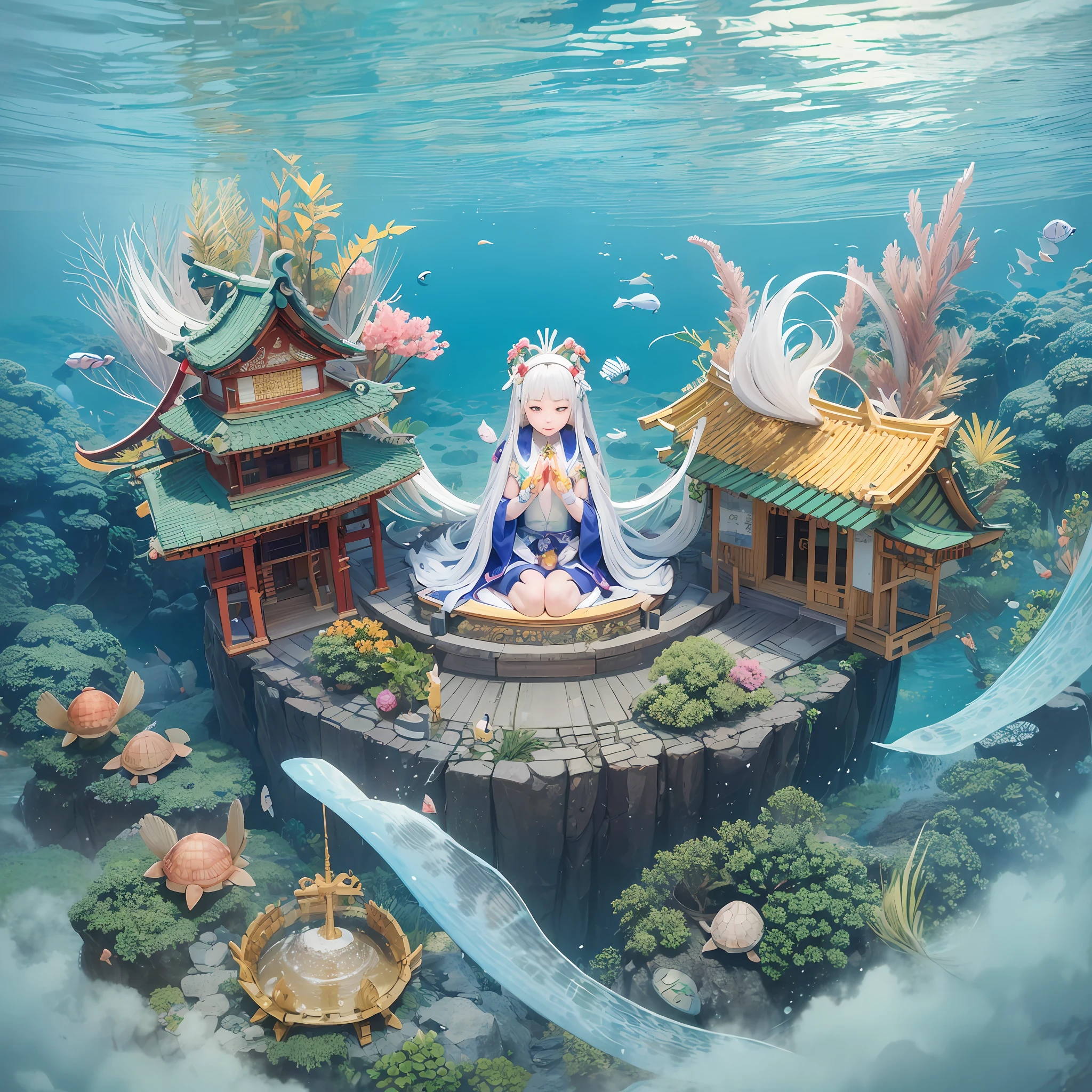 During the ebb tide of summer, the sea changes completely, and a fantastic landscape spreads out. At such a time, a beautiful torii gate emerges in the sea. Daikoku-sama stands above the torii gate, elegantly riding a turtle.
Around Daikoku-sama, many turtles gathered from under the sea. They are touched by the encounter with Daikoku-sama and shed large tears as if to explode with joy. The tears become sparkling splashes, creating a fantastic glow in the sea.
The turtles bow their low heads humbly to show their gratitude to Daikoku-sama. At that time, silence spreads in the sea, and a sacred air flows. Daikoku-sama's presence is said to bring good luck and prosperity to the turtles, and they rejoice in receiving Daikoku-sama's guidance.
The turtles swim leisurely around Daikoku-sama and interact with each other. Their carapace has a beautiful pattern, each of which has individual characteristics. Occasionally, the turtles lean against each other and chat in a calm voice. The gentle sound spreads throughout the sea, and a pleasant sound fills the sea.
Daikoku-sama's smile gives peace and hope to the turtles. They rely on the presence of Daikoku-sama as their emotional support and have the courage to live strongly even at the bottom of the sea. The appearance of the turtles is a beautiful sight that harmonizes modesty and suppleness, and the area around the torii gate under the sea shines as a sacred space.
This mysterious sight appears only at the moment of ebb. The turtles look forward to that moment, are moved by the encounter with Daikoku-sama, and shed large tears. The bond between Daikoku-sama and the turtles on the torii gate under the sea will continue forever with divine power. --auto --s2