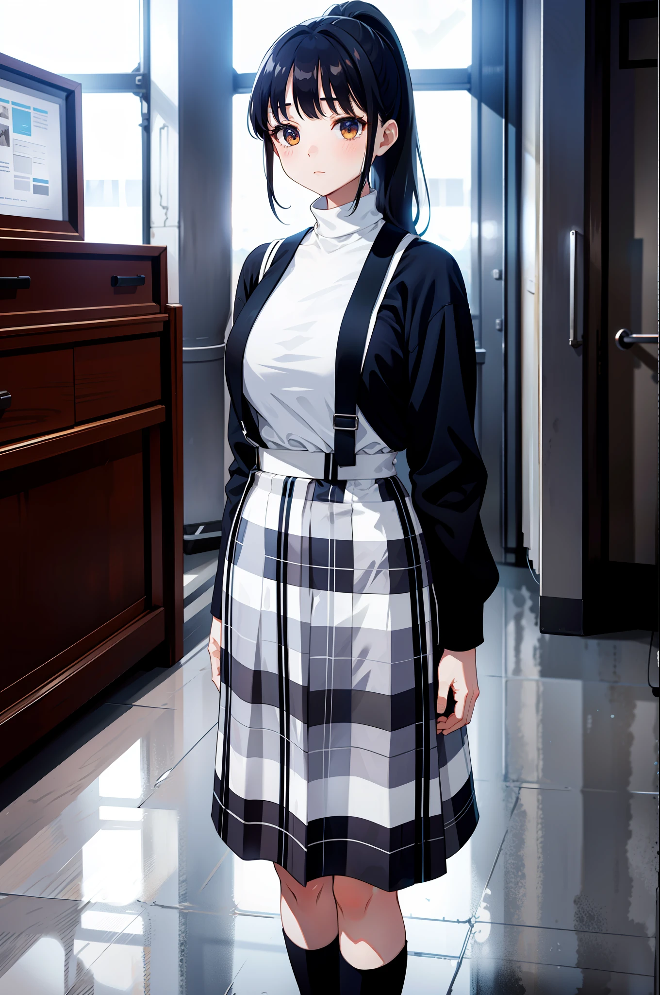 1girl, Yamada Anna, long hair, medium breast, white turtleneck, plaid dress, checkered skirt, plaid skirt, suspender skirt, ponytail,, (masterpiece:1.2), highres, best quality, 8k, very clear,