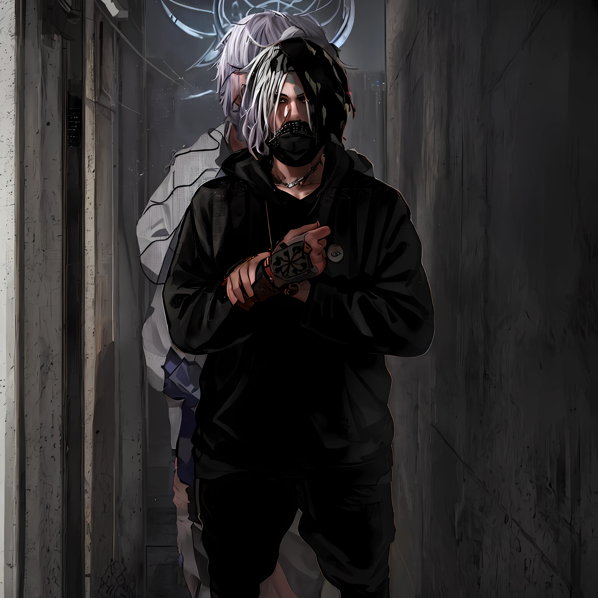 ((ultra realistic details)), arafed white man with white dreadlocks and a hoodie standing in a dark hallway, black mask, blue eyes, badass anime, portrait, global illumination, shadows, octane render, 8k, ultra sharp, metal, intricate, ornaments detailed, perfectly drawn, perfect proportions, cold colors, lil peep, lil pump, xxxtentacion, justin bieber, marshal maters, highly intricate details, realistic light, trending on cgsociety, glowing eyes, facing camera, sicko, trending, ashy, photo from a promo shoot, end of an era, official artwork, promo image, dark walls, steampunk, punk, trapstar, album cover, white man, blue eyes, chains, rings, holding a microphone, lil peep, masked, shinobi, alternate album cover, album cover!, xxxtentacion, album art cover, album art, new album cover, yung lean, music album cover, album cover, rap album cover, colored album art, hardops, arca album cover, an album cover, album artwork, sicko, trending, anime artsyle, dark, darkness, shadows, orange, blood, crime, katana, bandana, shinobi mask, perfect proportions, beautiful eyes, beautiful face, amazing, masterpiece, high resolution, 8k, 3d, shadows, lights, purple shades, perfectly drawn