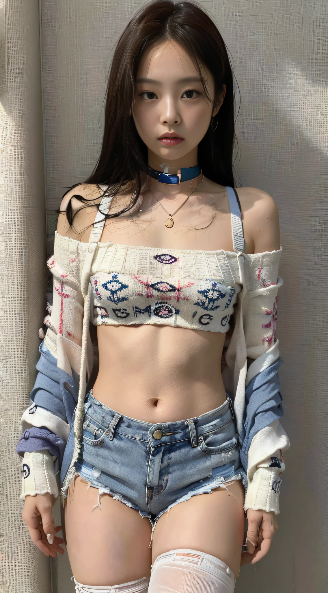 (1girl:1.3), solo,_Kim Ji-ni Jennie face, wearing colorful armband sweater, cropped with white bandeau underneath, blue shorts,, sexy, cute, white socks,, full body photo, looking at the audience, world-weary face, cold eyes, Korean style photo photo, photographic lighting, strong contrast, sunlight on the face, world-weary face, high-end sense, 8k resolution image, intricate symmetrical details. Smooth action, full picture.