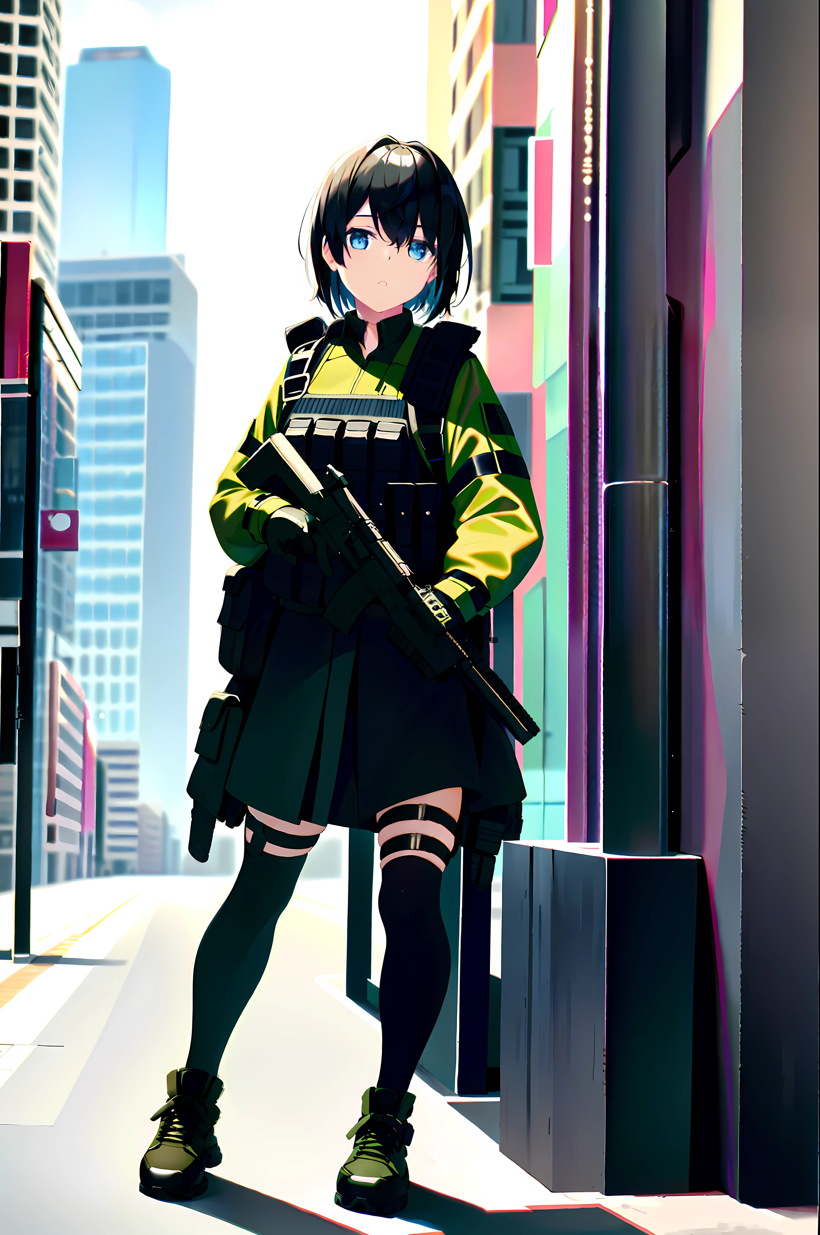 photo of a iom girl, 1girl, bangs, black hair, blue eyes, bulletproof vest, gloves, headphones, holster, looking at viewer, medium hair, military, plate carrier, tactical clothes, (black and khaki clothes),  thigh holster, thigh strap, forest, running, black backpack, outdoors,