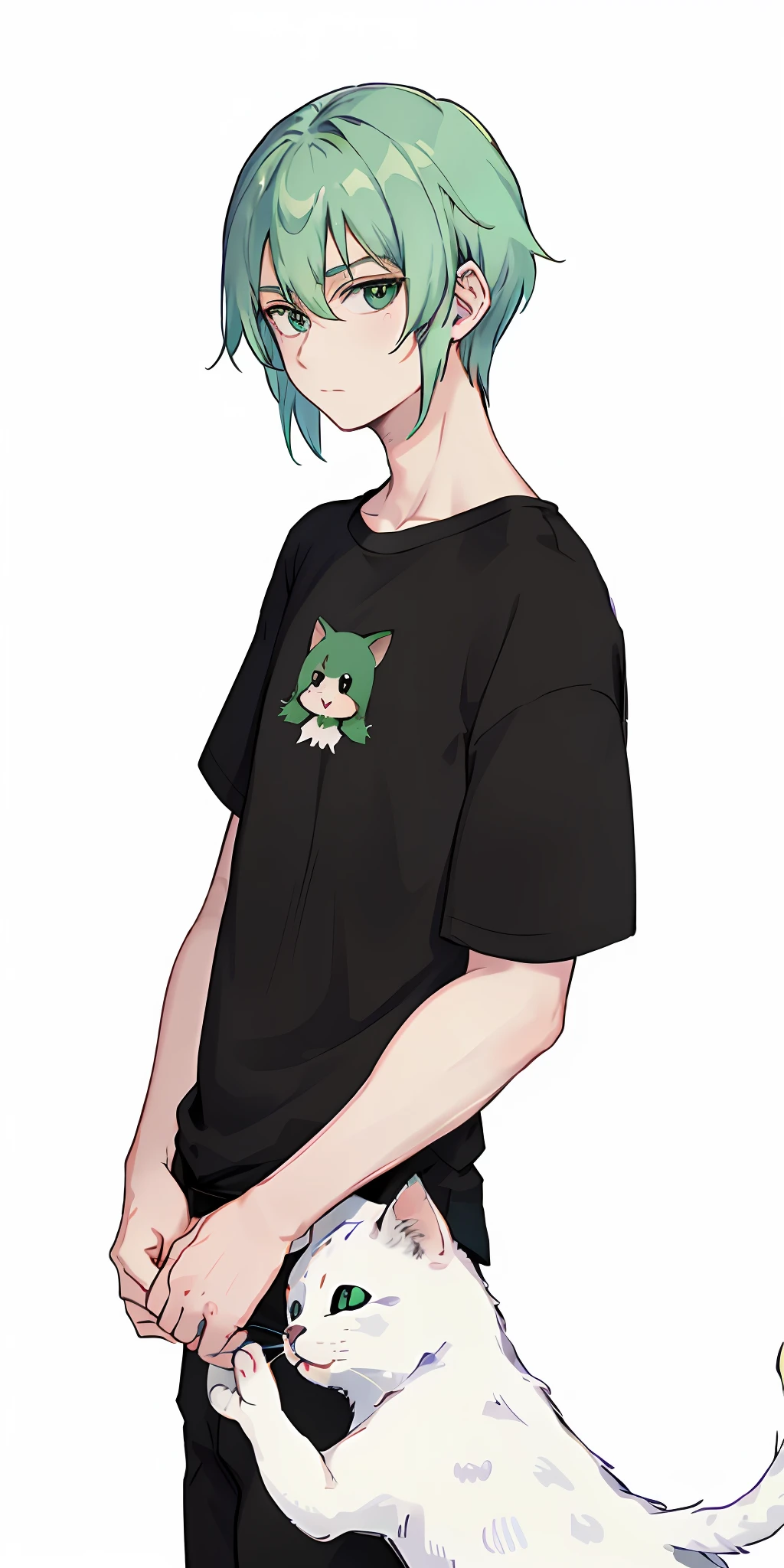 A man with green hair, a straight and handsome expression, wearing a black T-shirt with white kittens printed, white background