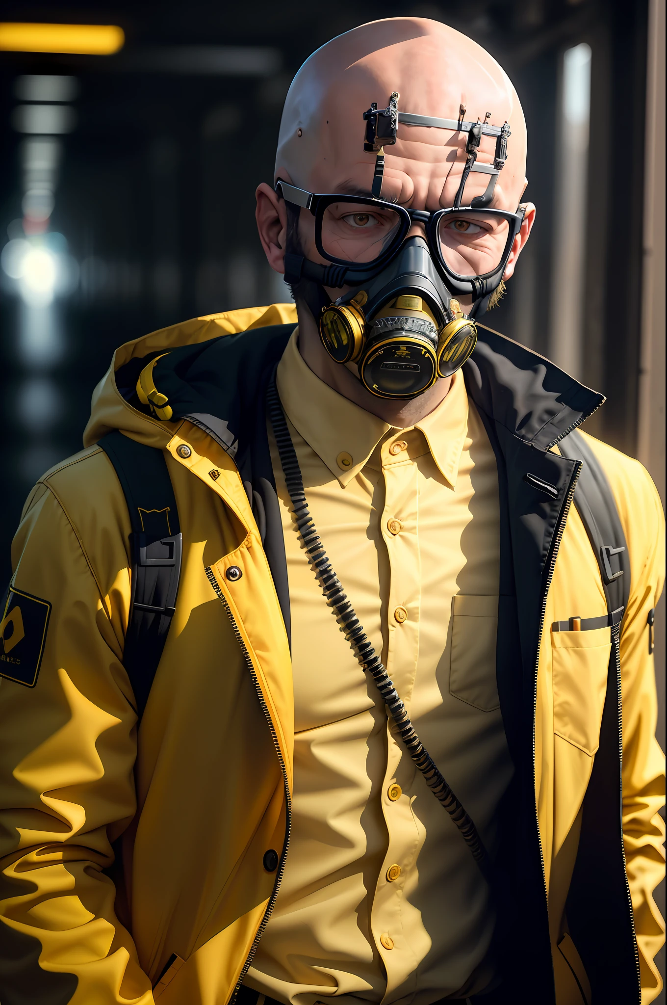 A stunning intricate full colour upper body photo of man wearing glasses, (wearing a yellow lab coat and a gas mask on the head), bald,
epic character composition,
by ilya kuvshinov, alessio albi, nina masic,
sharp focus, natural lighting, subsurface scattering, f2, 35mm, film grain