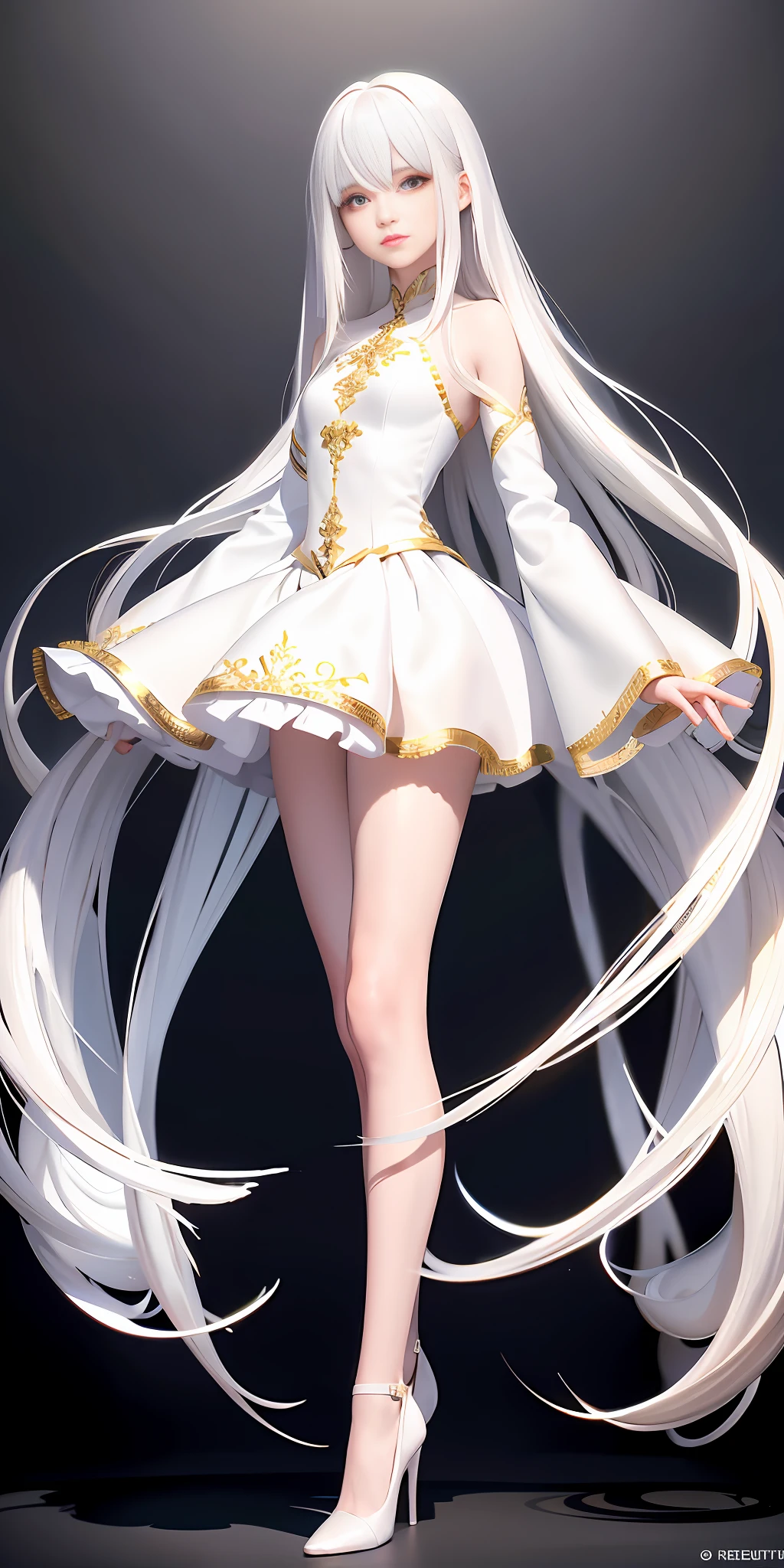 Excellent, masterpiece, white hair, golden eyes, white clothes, looking up, upper body, hair, fair skin, long hair, full body, long legs, high heels, white background,