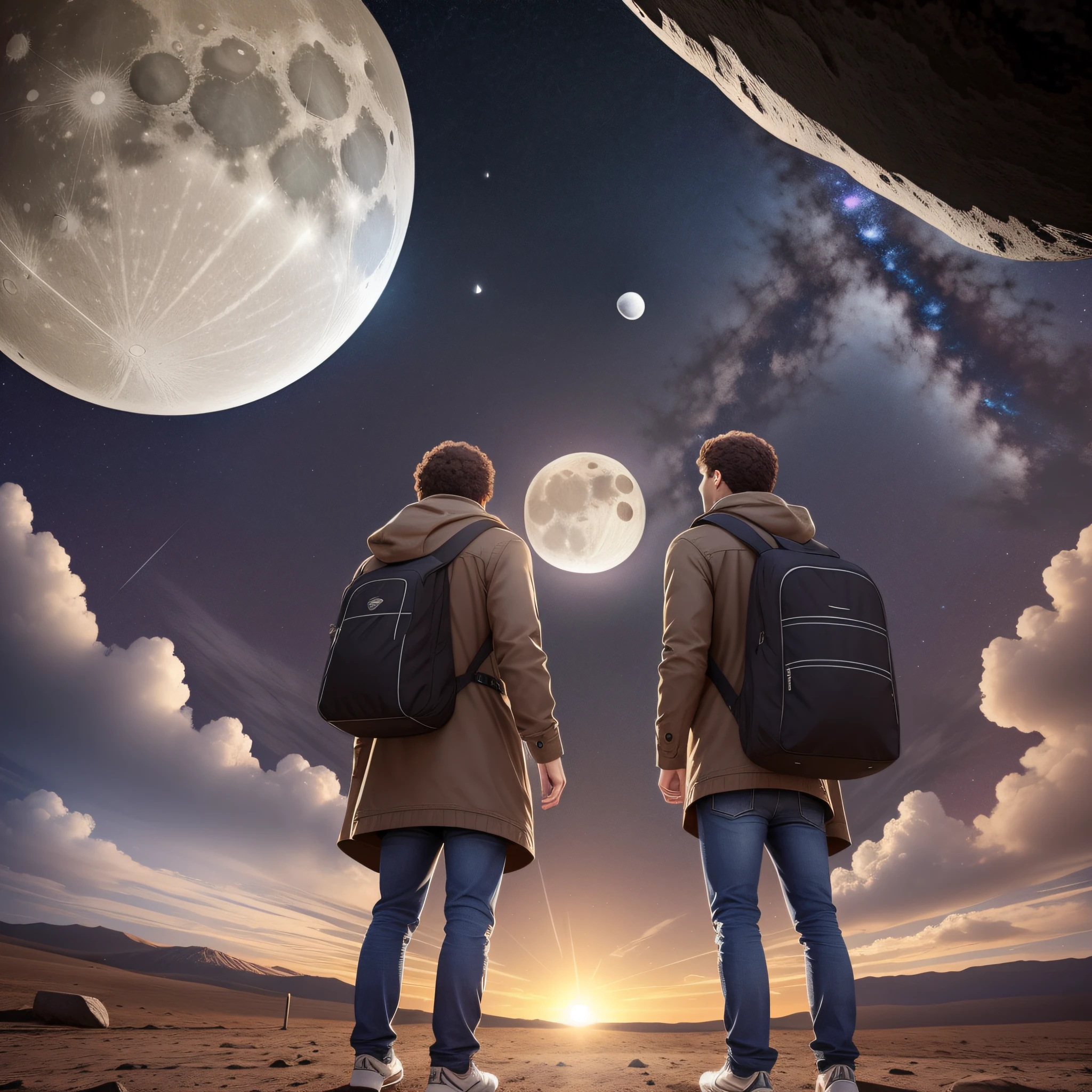 several people looking at the sky, impact of an asteroid with the moon, moon splitting there middle, hyper realism, 8k,