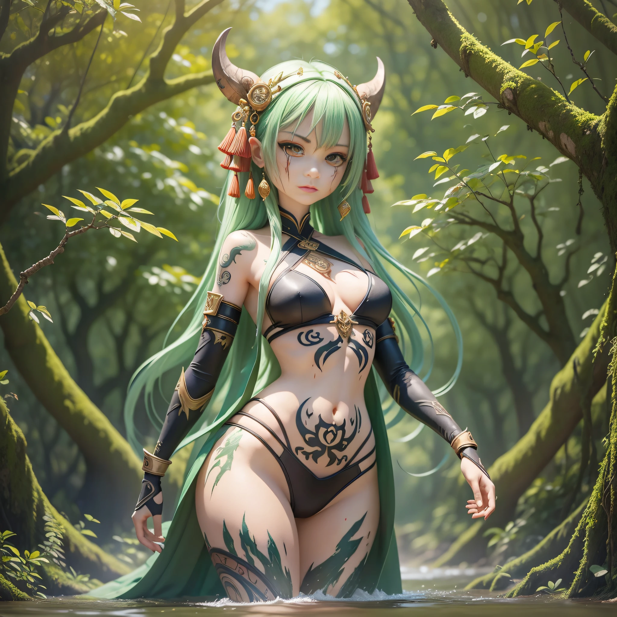 ((Best Quality)), ((Masterpiece)), (Reality)) , earth_spirit, melting_heart, bigbadejo alien_monster, ancient China, full body, slender, charming, female assassin fighting in the river, full of scars, seems to have just fought with a beast, all body is scarred, there are totem wounds on the face, splashes of waves, tree vines, vines, tree roots, vine man, in the forest, totem, tattoo, wound, bleeding, masterpiece,8k, --v6