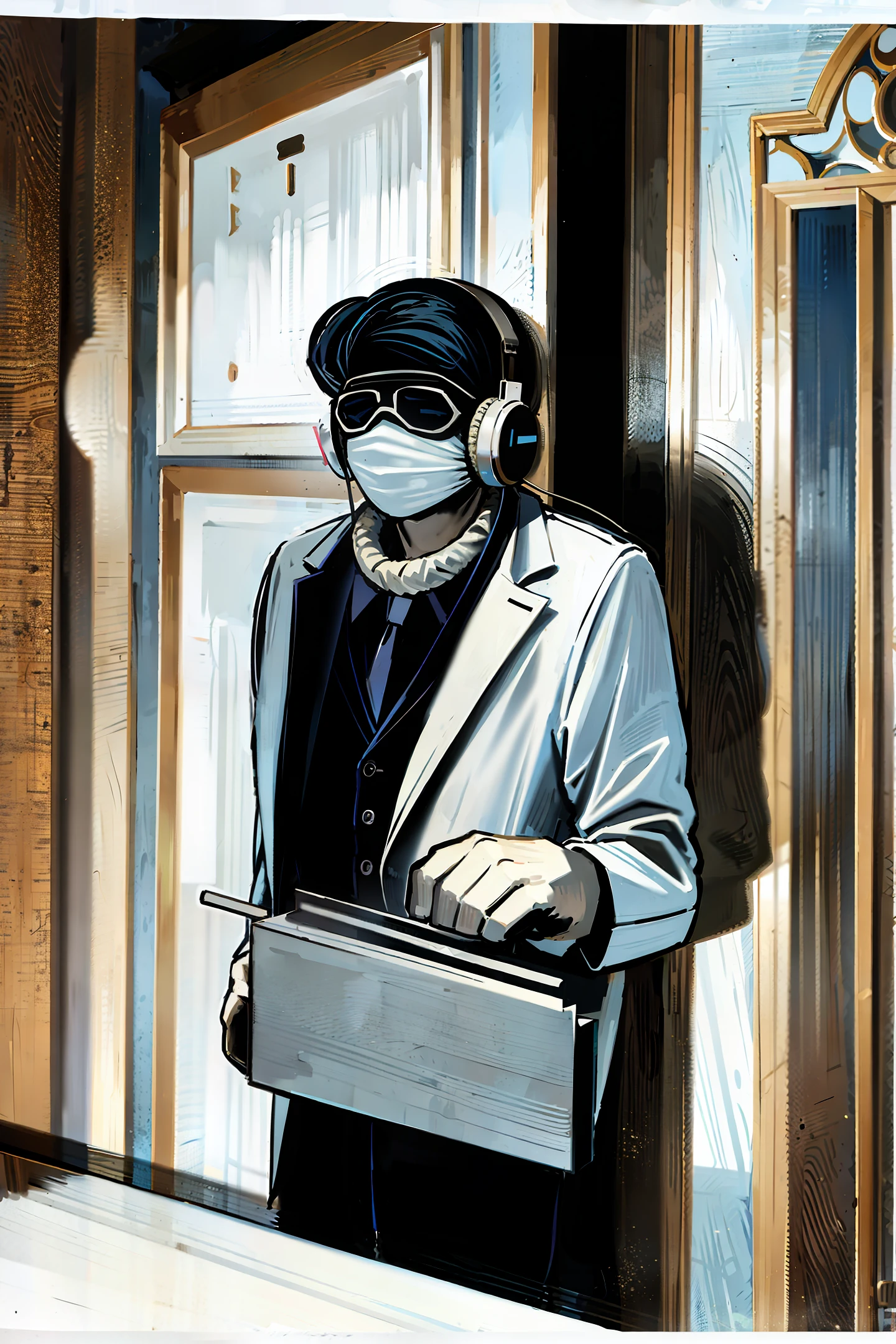 Drawing of a worker wearing lab coat, cap, mask, earmuff