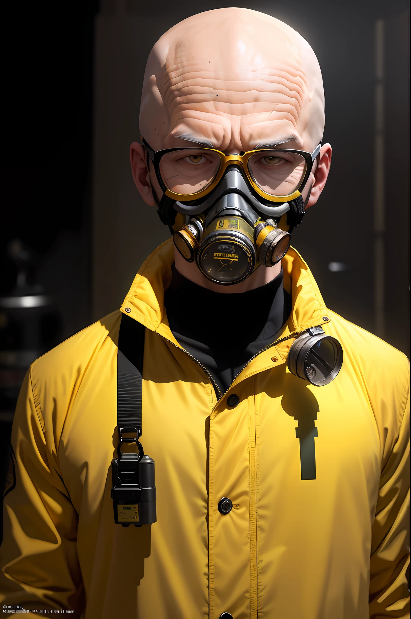 A stunning intricate full colour upper body photo of man wearing glasses, (wearing a yellow lab coat and a gas mask on the head), bald,
epic character composition,
by ilya kuvshinov, alessio albi, nina masic,
sharp focus, natural lighting, subsurface scattering, f2, 35mm, film grain