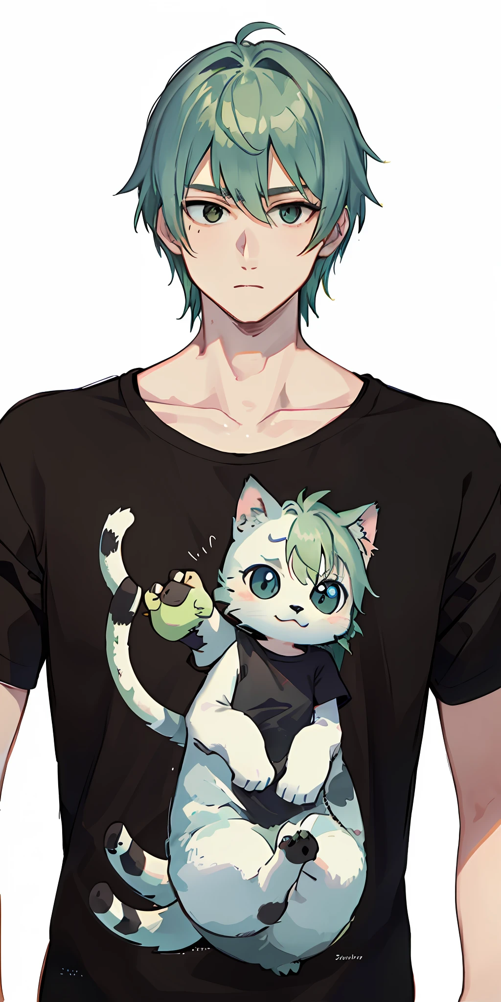 A man with green hair, a straight and handsome expression, wearing a black T-shirt with white kittens printed, white background