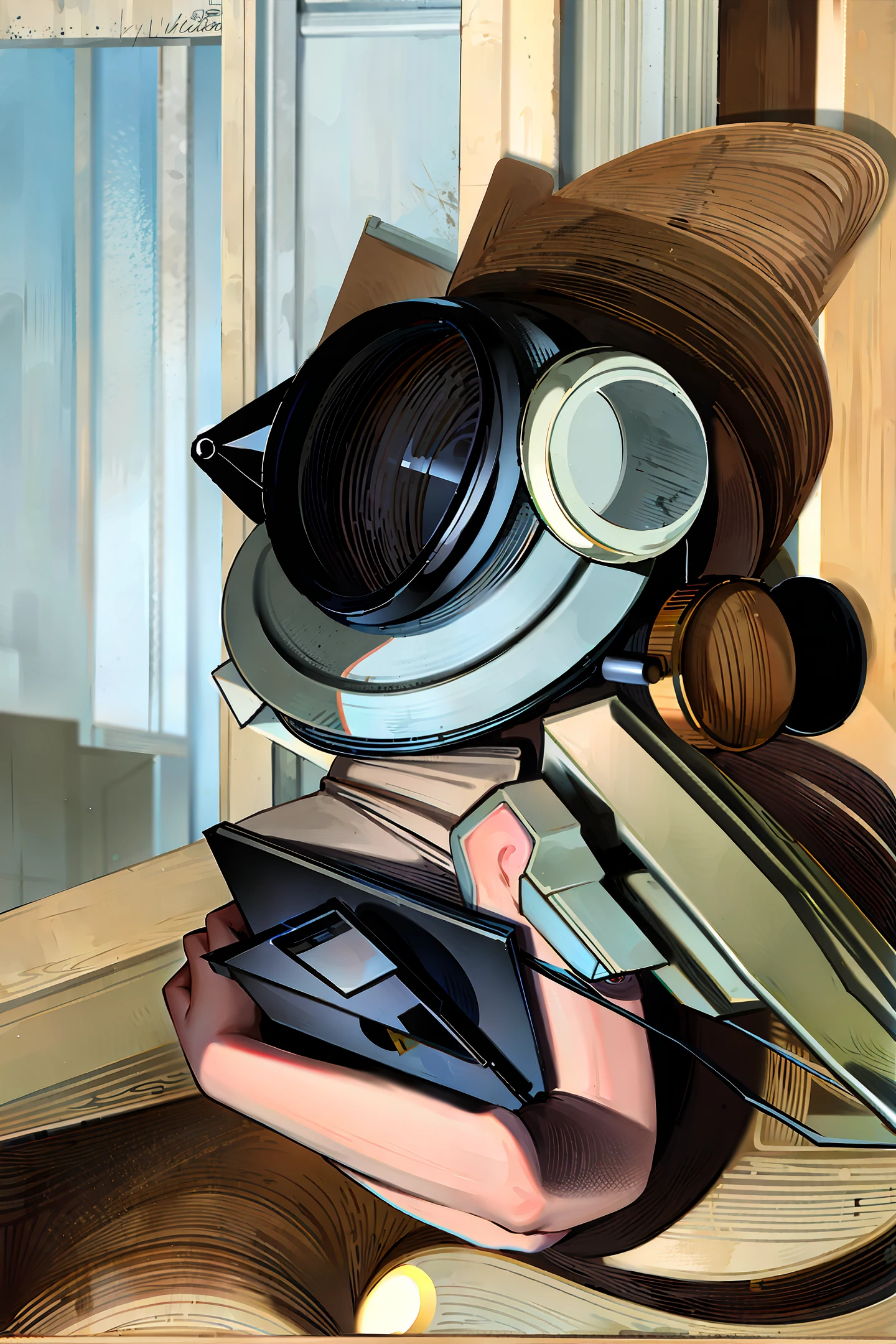 Drawing of a worker wearing lab coat, cap, mask, earmuff