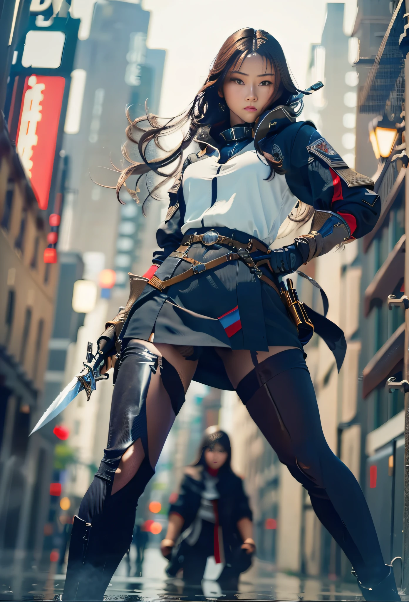 Masterpiece, high quality, a female assassin on a mission in the dark, black tights, secret agent, sharp eyes, sexy, tall, long black hair, knife in left hand, serious expression, rain, tokyo, ray tracing, details, blue eyes looking at the audience, full body in the city