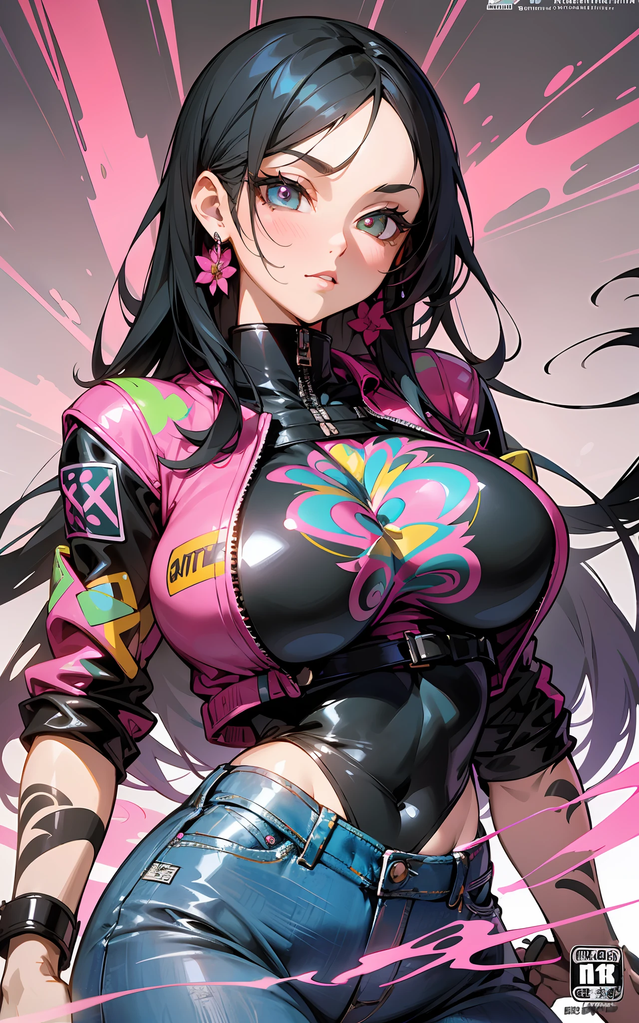 background, mixed-language_text, Japanese letters in graffit, ashley alexiss beautiful woman, long black hair, excellent lighting, sidelighting, perfect ultimate (flat color pink bubblegum gradient: 1.3), (magazine_cover: 1.4), (multicolored_background: 1.3), striped_background, card_background, :: discs with sharp and shiny blades in hand :: circular pieces of white metals glued to the ultra detailed arms coming out sparkling glow, black star design stamped in the middle of the t-shirt, perfect and detailed sculptural body, ultra detailed shirt with abstract design and with Japanese letter print in grafit of the sides of the clothing, worn jeans, big breast, with immersive effects, hover effect, background graffiti style flowers with flowers and vibrant colors, "ultra" hdr detailed and with focus effect, (masterpiece: 1.2, best quality), (beautiful emerald yellow eyes with huge finely detailed eyelashes: 1.2), , ((Solo)), (Finely detailed eyes and detailed face:1.3),beautiful ultra-detailed eyes, lineart light smile, graffiti and tattoo style backdrop, woman, alone. midriff, skintight bodysuit with detailed tattoo-style print, ultra-detailed red gradient leather jacket, hot thighs, black skintight pants with ultra-detailed white and pink detailing, large breasts, ultra-detailed bracelets on arms, , bracelet on right arm with ultra bright red energy
