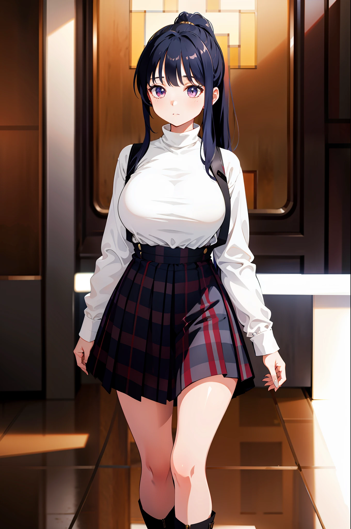 1girl, Yamada Anna, long hair, medium breast,  white turtleneck, plaid dress, checkered skirt, plaid skirt, suspender skirt, ponytail,, (masterpiece:1.2), highres, best quality, 8k, very clear,